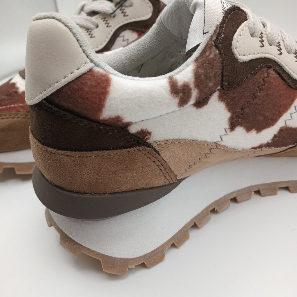 TÊNIS CORINA VACA COW CASTANHO ESCURO CLARO BRANCO TRATORADO ANIMAL PRINT
