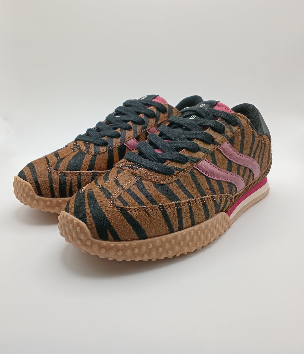 Ténis Femininos Gioseppo com Padrão Zebra Castanho e Detalhes Bordô, Sapatilhas Retro Runner com Sola de Goma Antiderrapante, Calçado Casual de Luxo