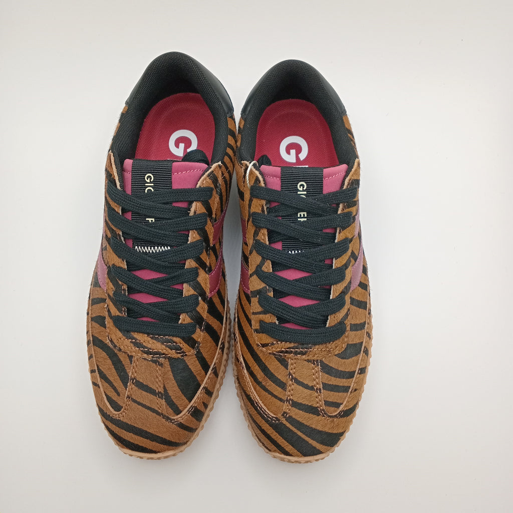 Ténis Femininos Gioseppo com Padrão Zebra Castanho e Detalhes Bordô, Sapatilhas Retro Runner com Sola de Goma Antiderrapante, Calçado Casual de Luxo
