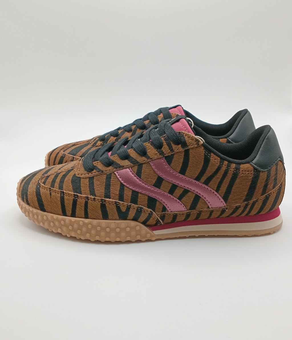 Ténis Femininos Gioseppo com Padrão Zebra Castanho e Detalhes Bordô, Sapatilhas Retro Runner com Sola de Goma Antiderrapante, Calçado Casual de Luxo