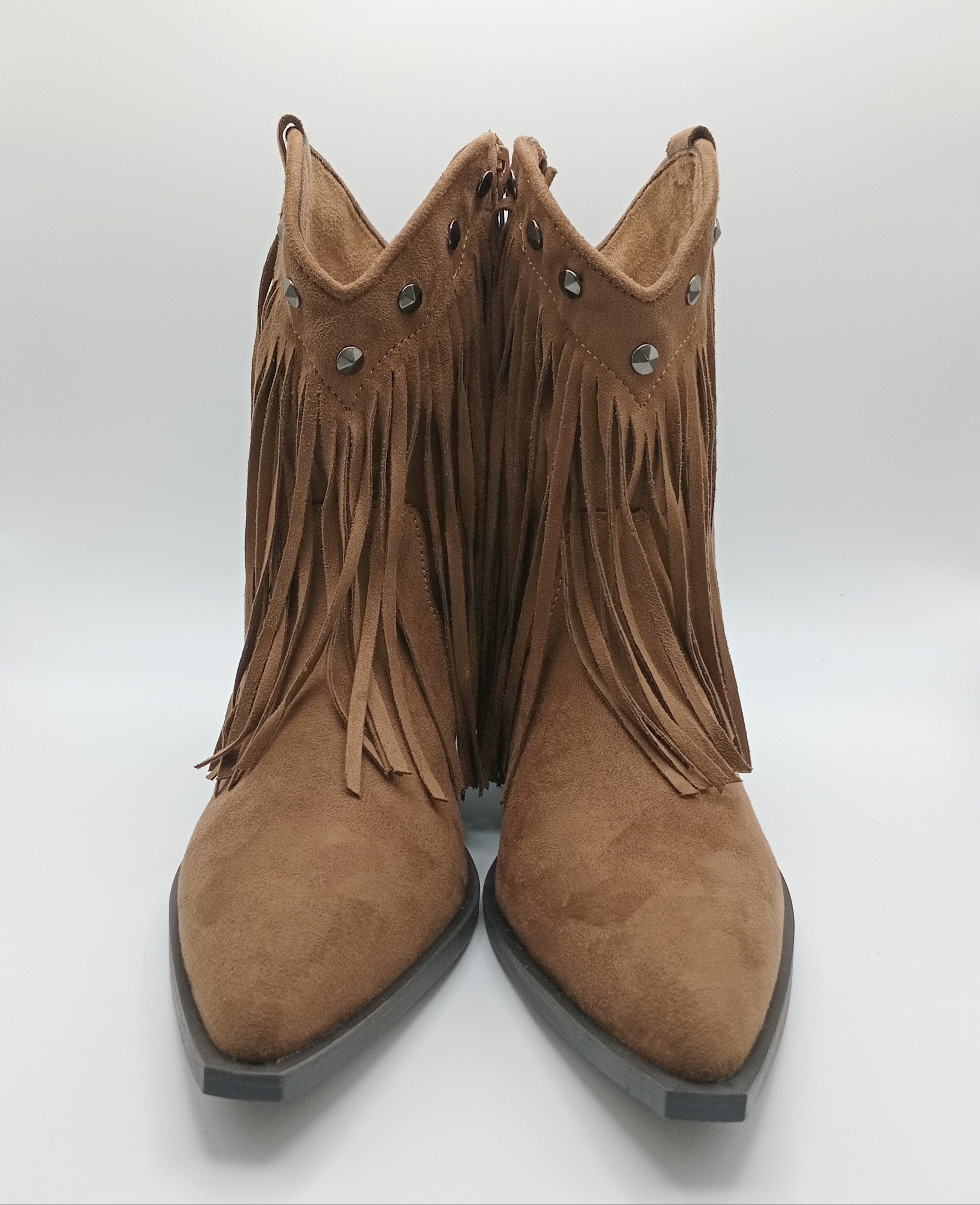 BOTA COWGIRL CORINA CASTANHO CAMURÇA FRANJA TAXAS BICUDO ZIPER