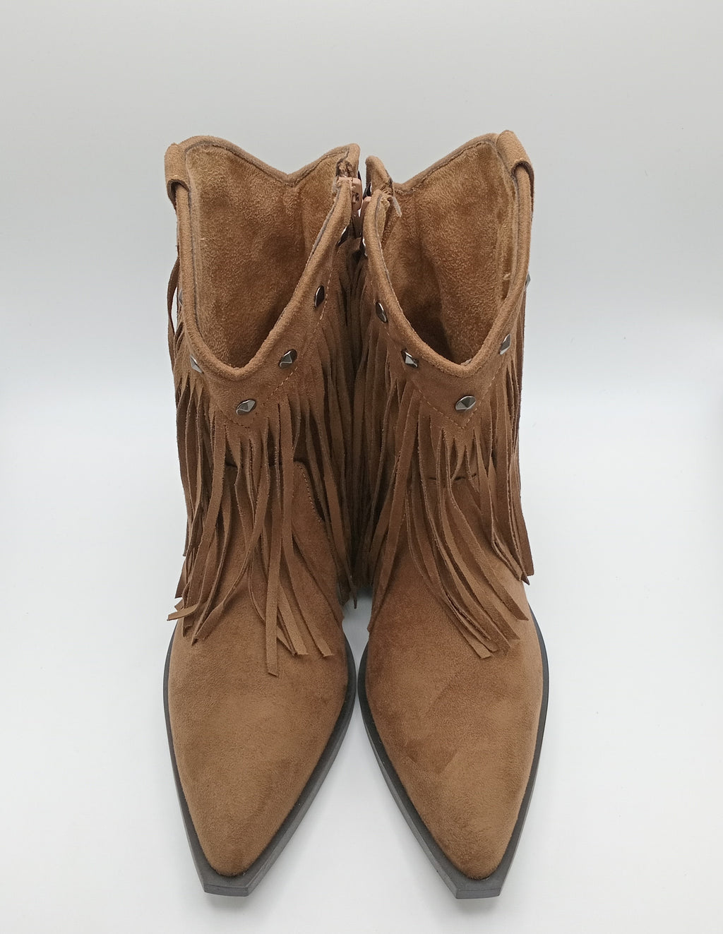 BOTA COWGIRL CORINA CASTANHO CAMURÇA FRANJA TAXAS BICUDO ZIPER