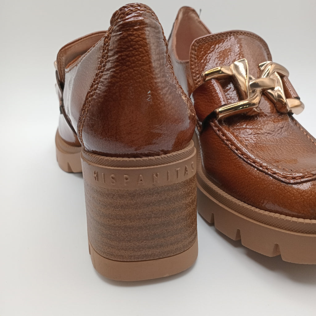 MOCASSIM SALTO HISPANITAS CASTANHO COURO FIVELA DOURADA TRATORADO