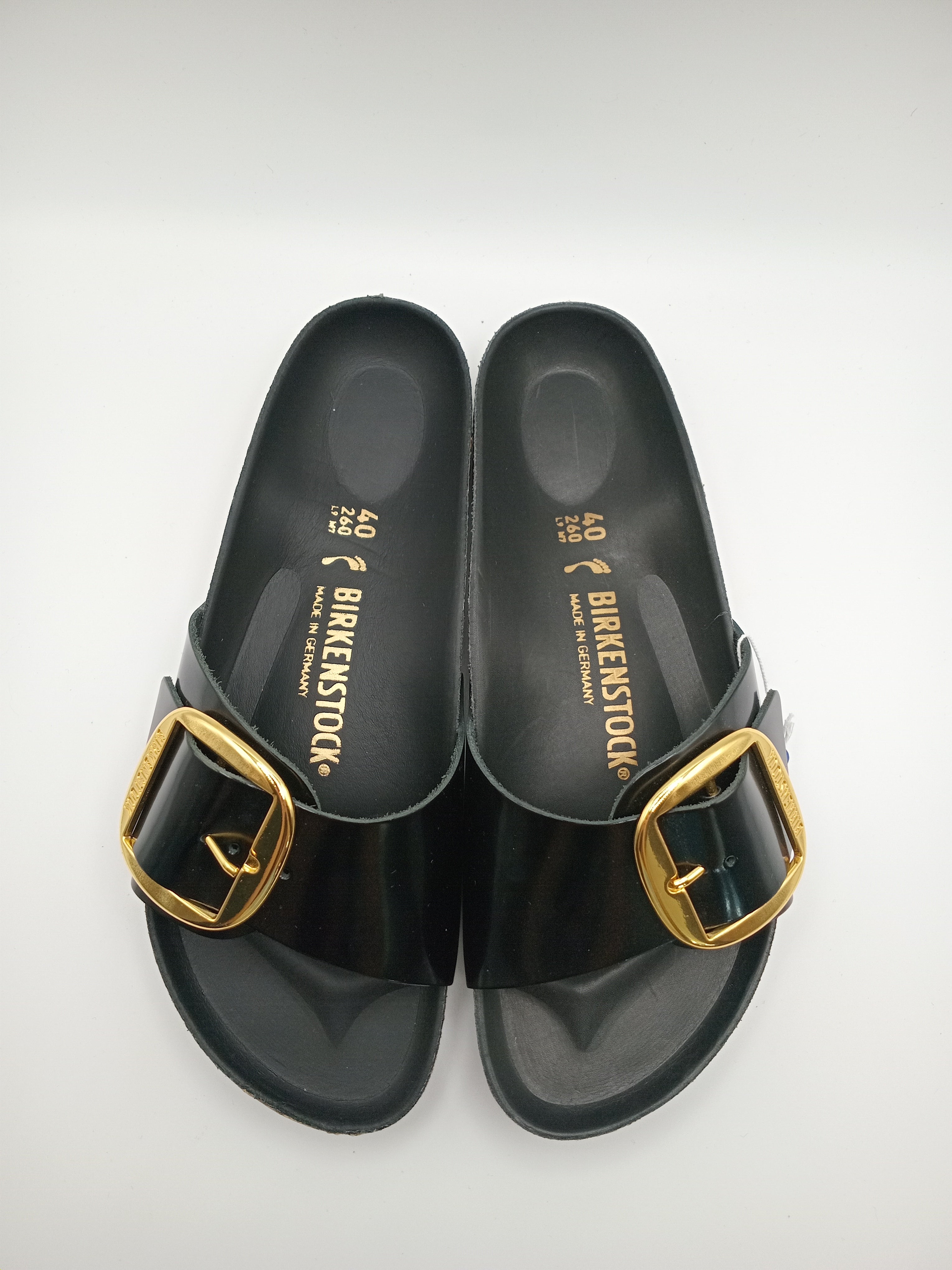 SANDÁLIA MADRID BIRKENSTOCK BLACK FIVELA DOURADA COURO VERNIZ PRETO