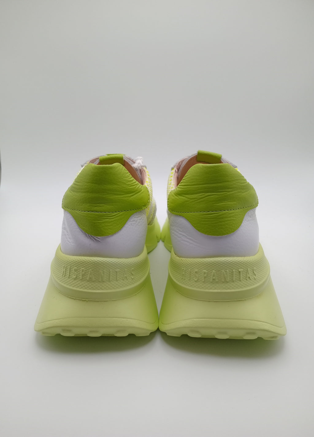 Sapatilhas Hispanitas Mulher Branco e Verde Limão Lima Neon; Ténis de Plataforma Casual em Pele com Malha Respirável; Calçado Confortável Sem Atacadores