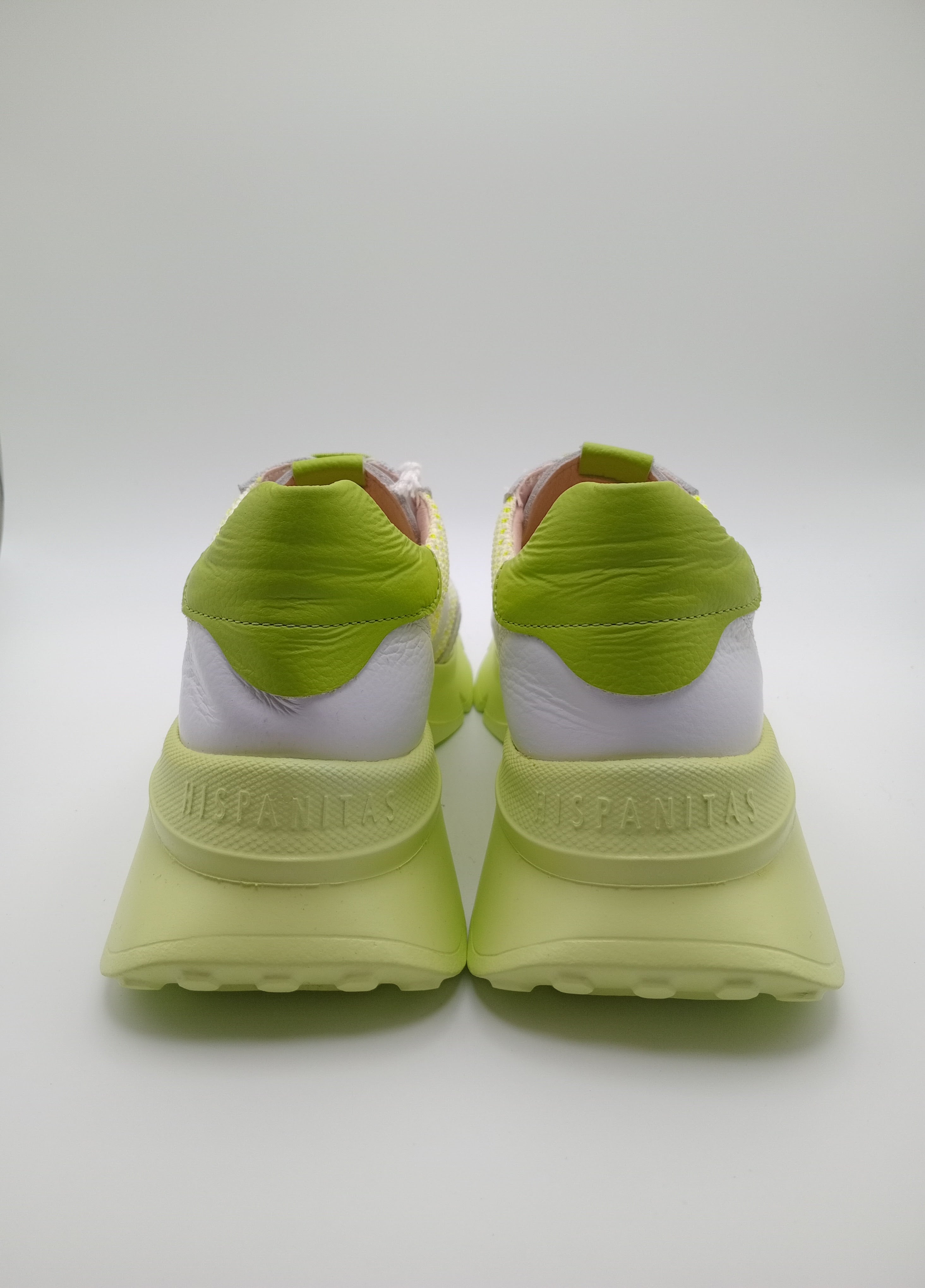 Sapatilhas Hispanitas Mulher Branco e Verde Limão Lima Neon; Ténis de Plataforma Casual em Pele com Malha Respirável; Calçado Confortável Sem Atacadores