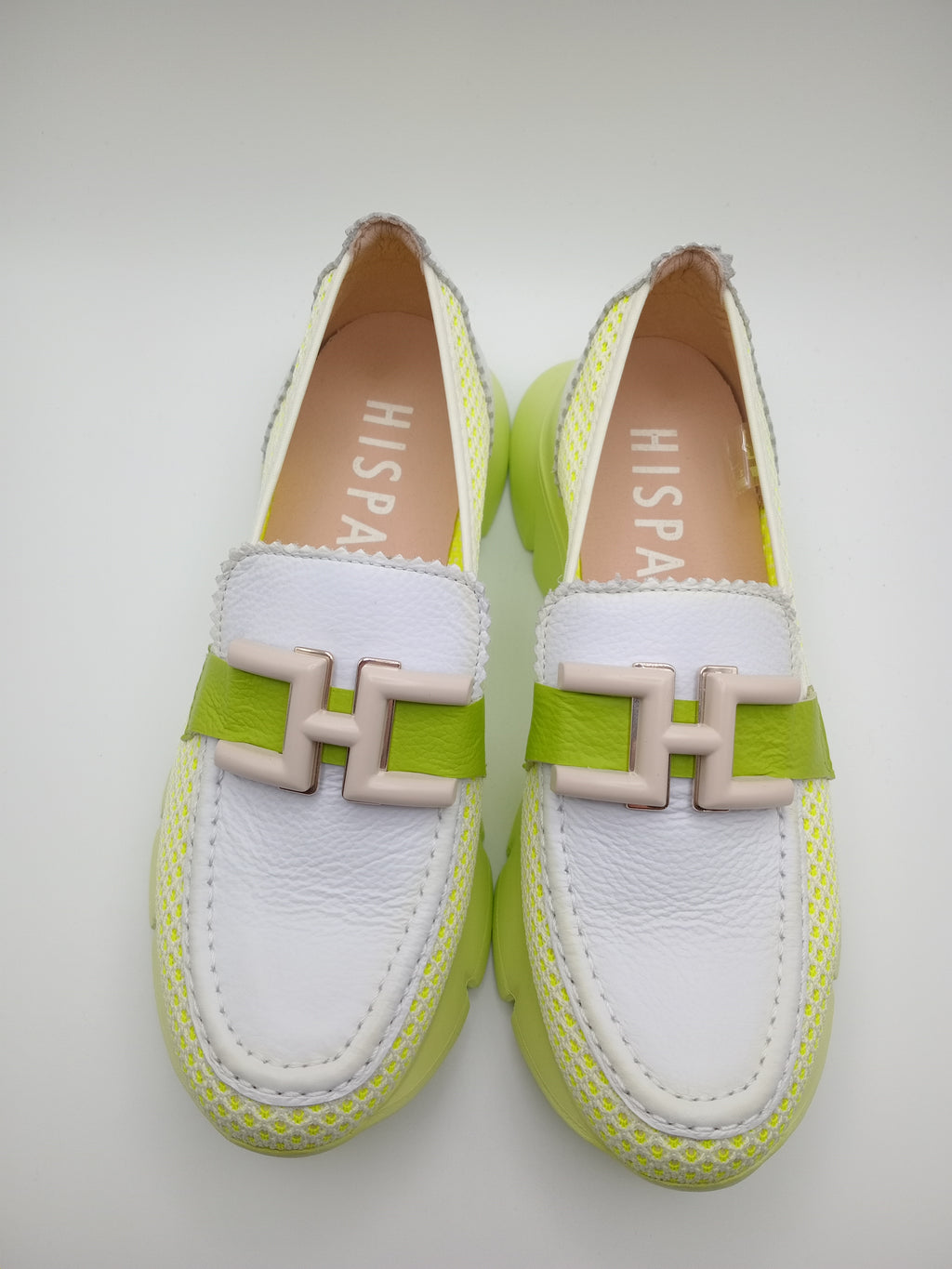 Mocassim Hispanitas Mulher Branco e Verde Lima; Sapatos Mocassins Desportivos de Plataforma em Pele com Malha Respirável e Fivela Confortáveis