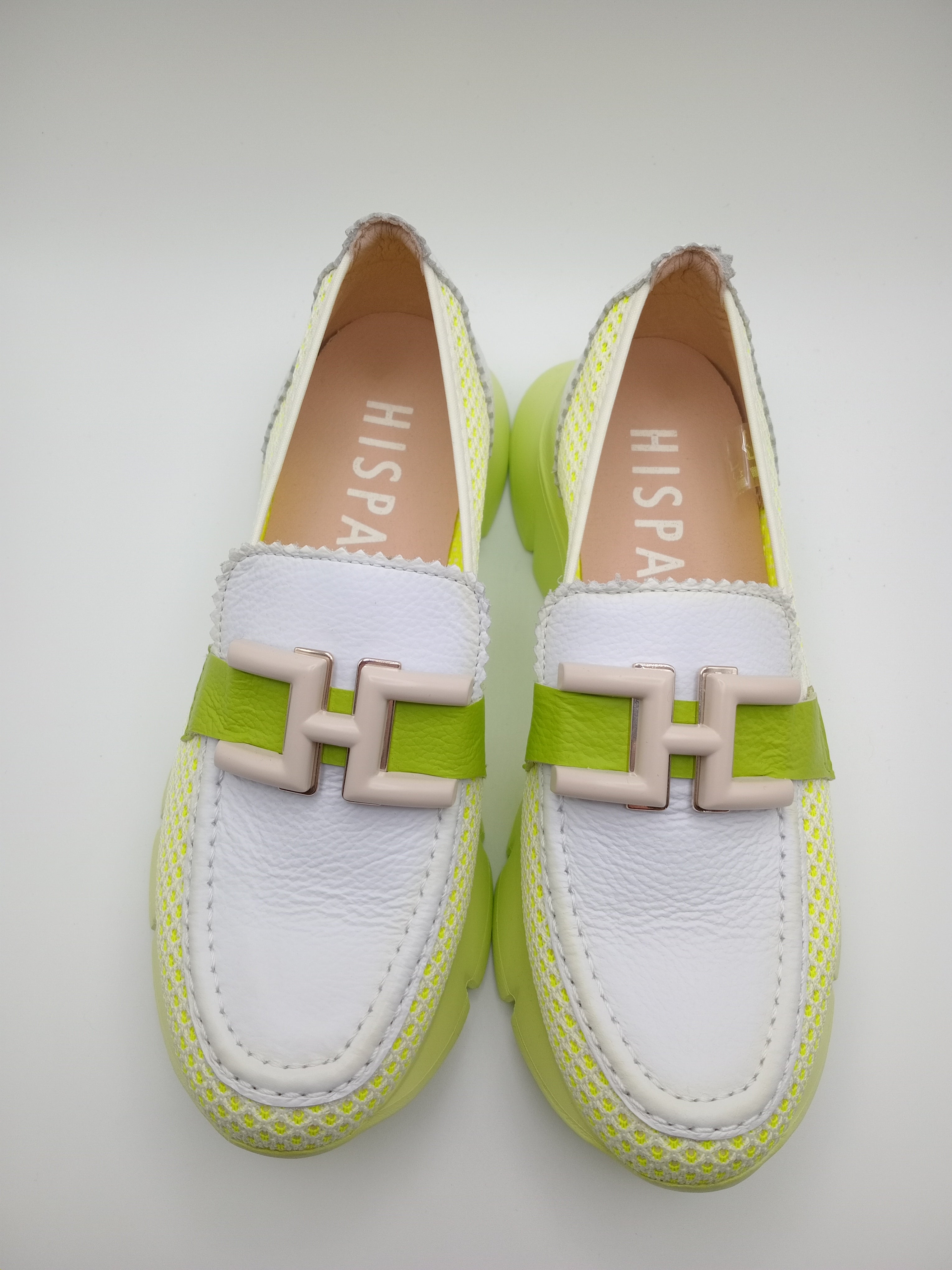 Mocassim Hispanitas Mulher Branco e Verde Lima; Sapatos Mocassins Desportivos de Plataforma em Pele com Malha Respirável e Fivela Confortáveis