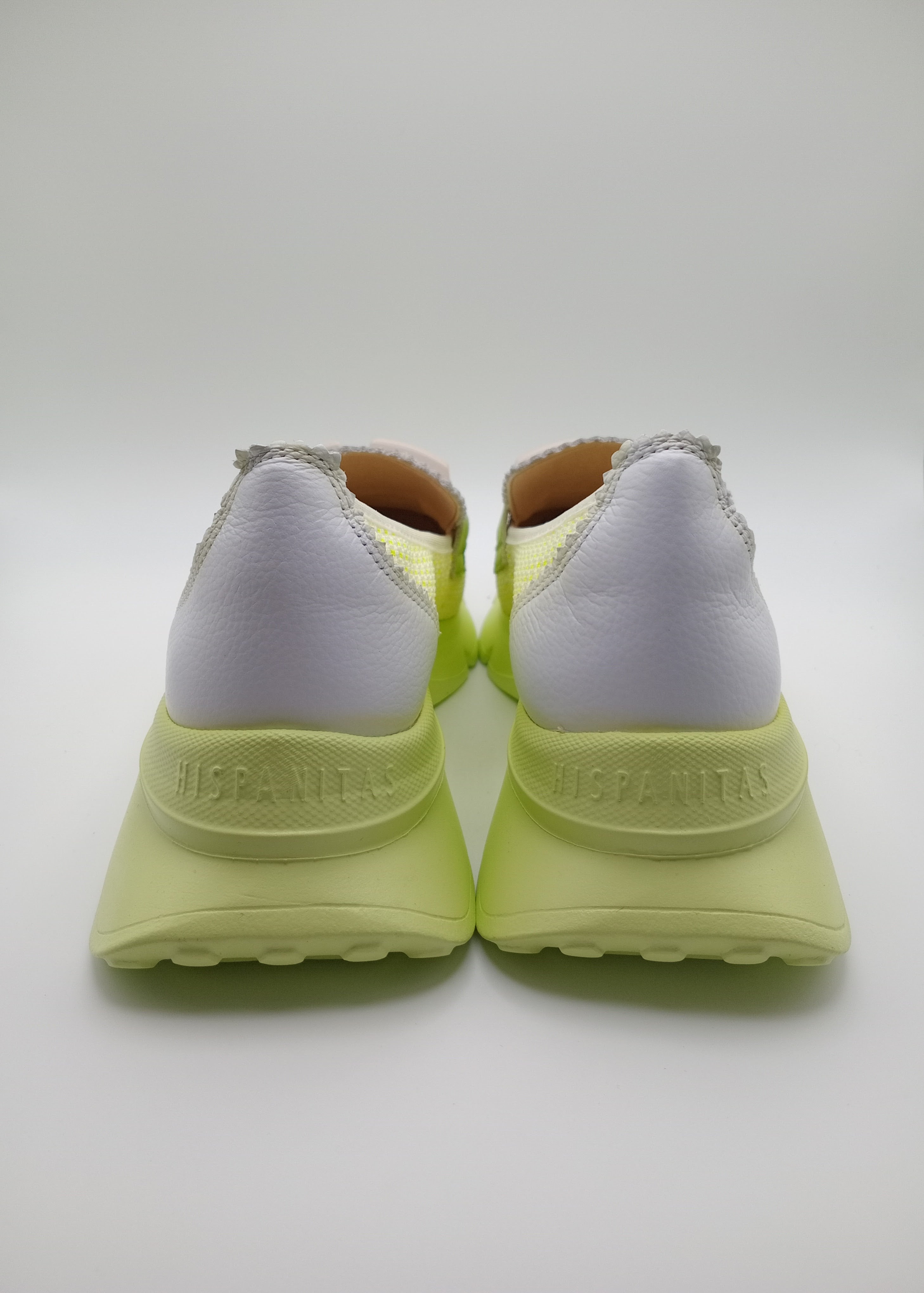 Mocassim Hispanitas Mulher Branco e Verde Lima; Sapatos Mocassins Desportivos de Plataforma em Pele com Malha Respirável e Fivela Confortáveis