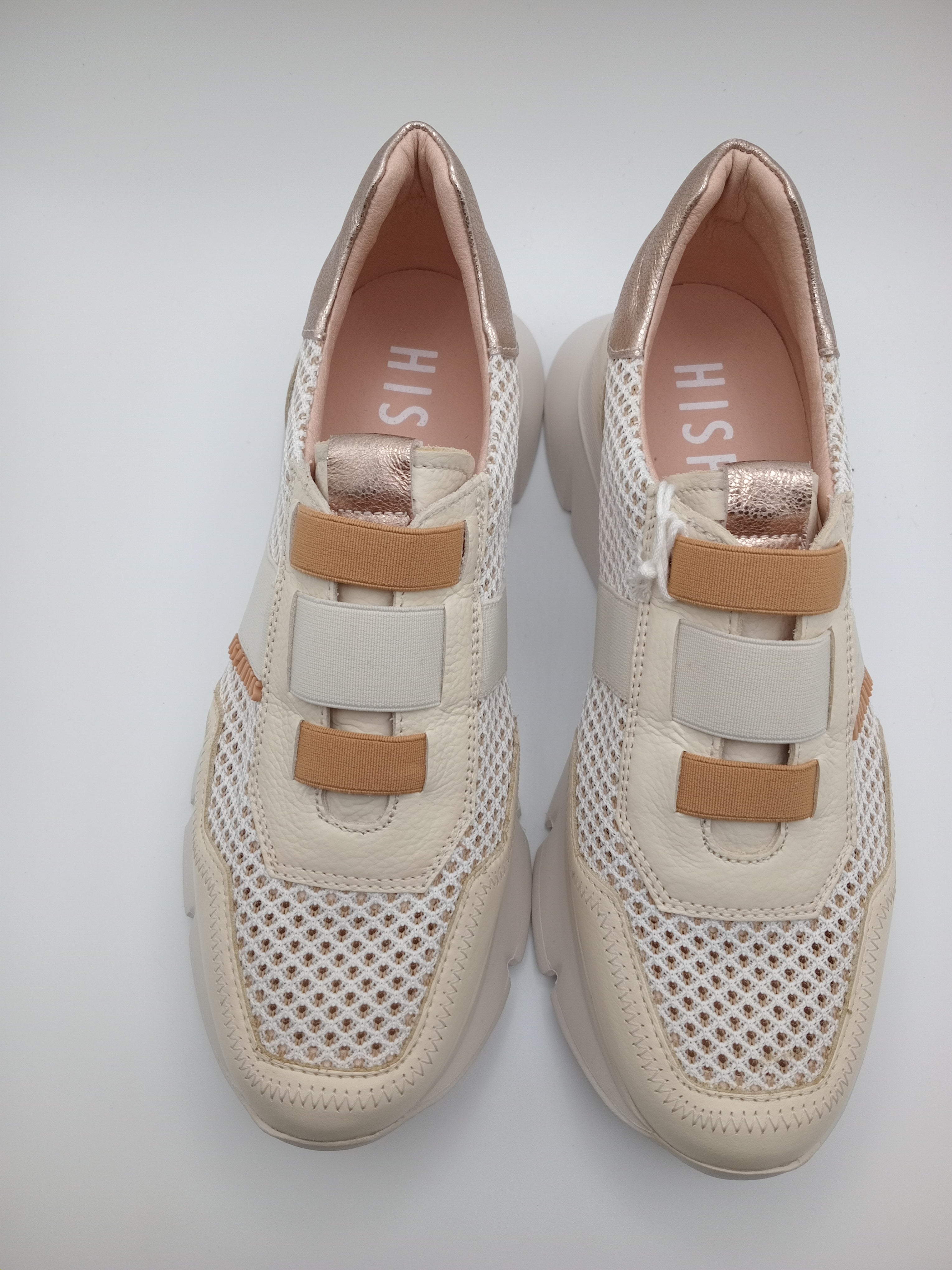 Sapatilhas Hispanitas Mulher Bege e Rose Gold; Ténis de Plataforma Casual em Pele com Malha Respirável; Calçado Confortável Sem Atacadores tiras Castanho Camel