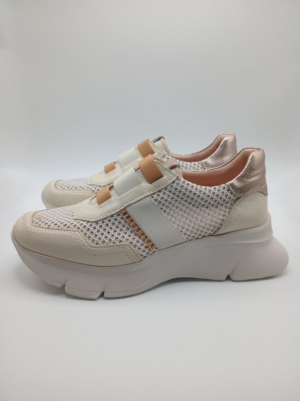Sapatilhas Hispanitas Mulher Bege e Rose Gold; Ténis de Plataforma Casual em Pele com Malha Respirável; Calçado Confortável Sem Atacadores tiras Castanho Camel