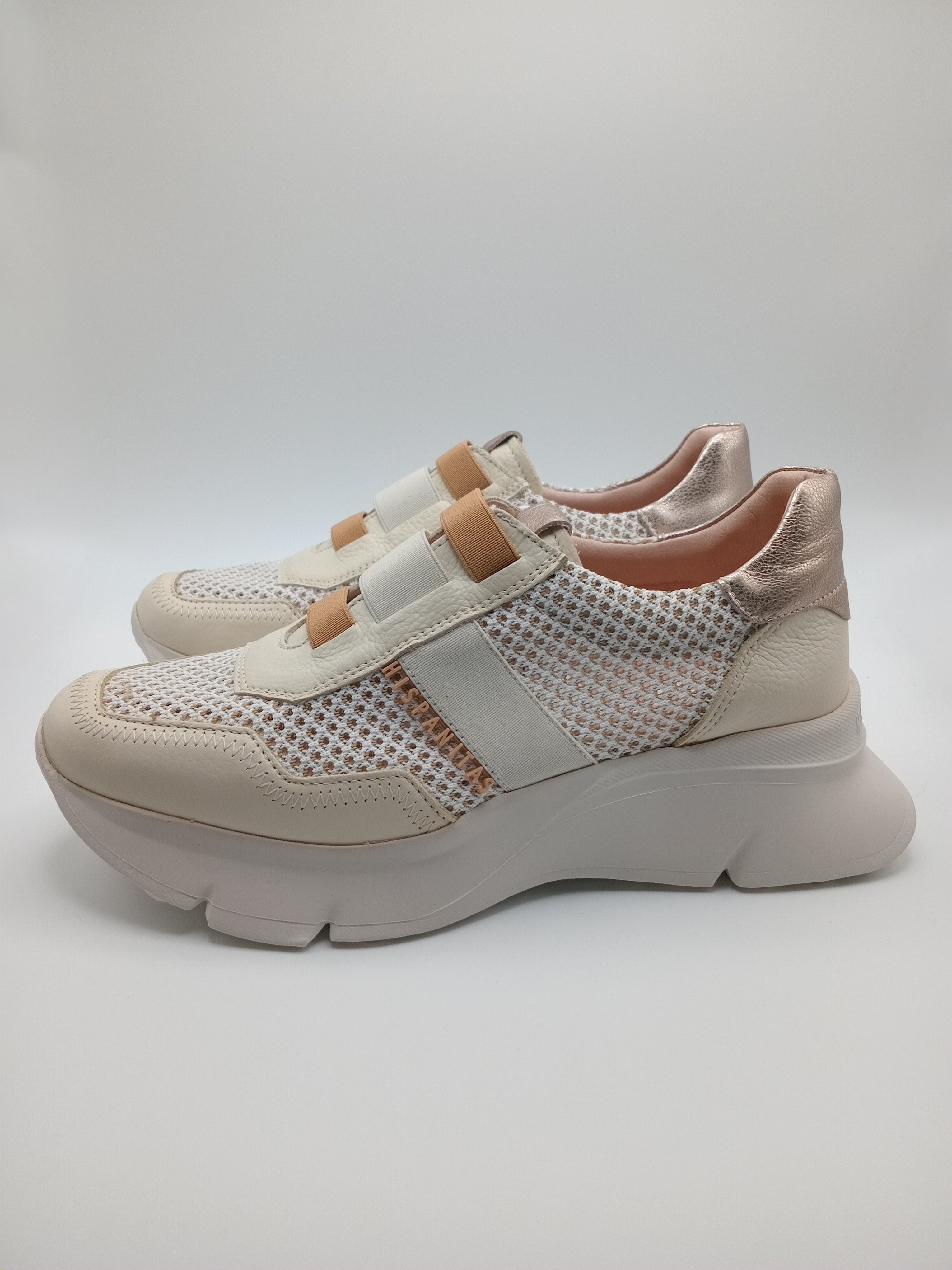 Sapatilhas Hispanitas Mulher Bege e Rose Gold; Ténis de Plataforma Casual em Pele com Malha Respirável; Calçado Confortável Sem Atacadores tiras Castanho Camel