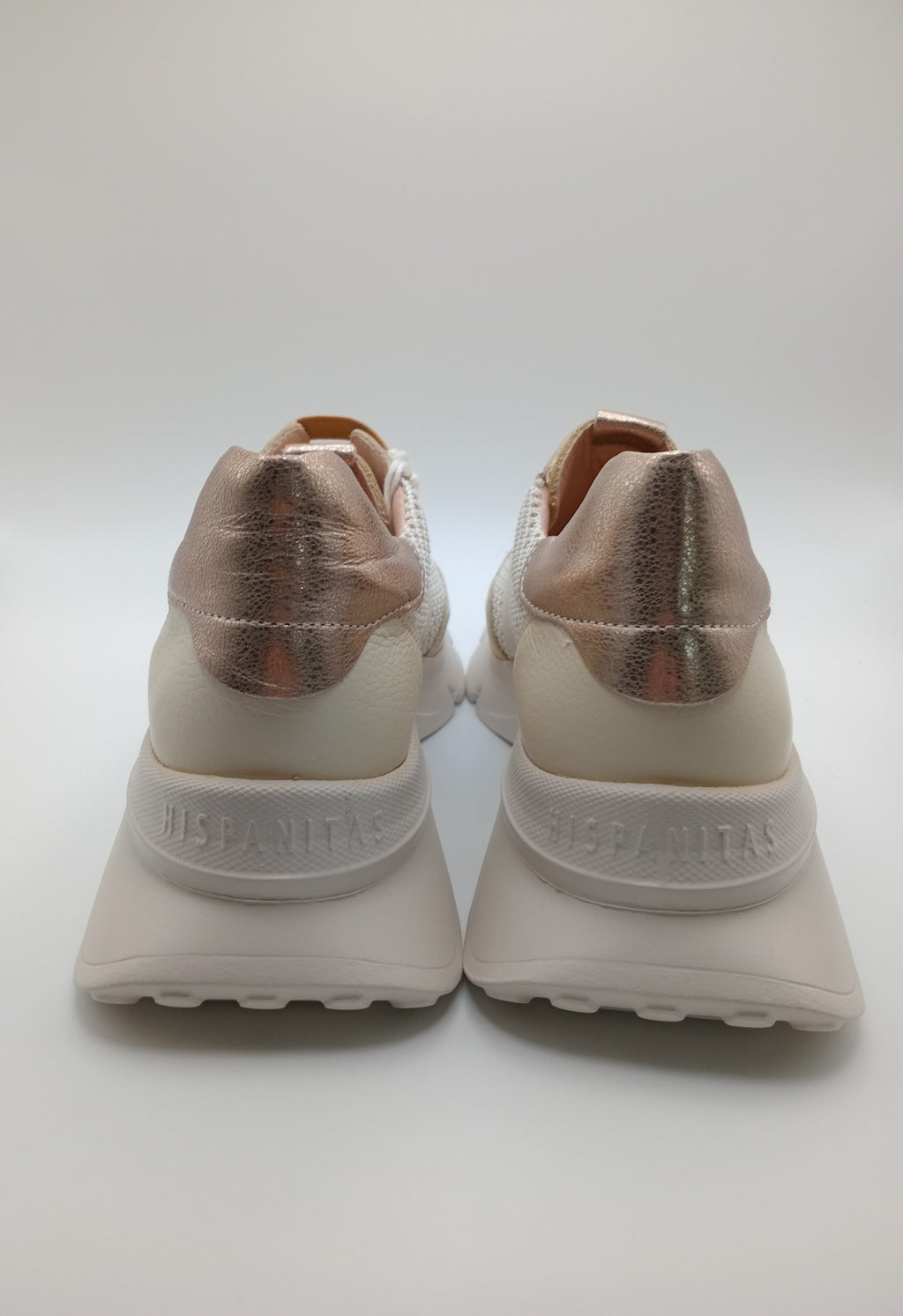 Sapatilhas Hispanitas Mulher Bege e Rose Gold; Ténis de Plataforma Casual em Pele com Malha Respirável; Calçado Confortável Sem Atacadores tiras Castanho Camel