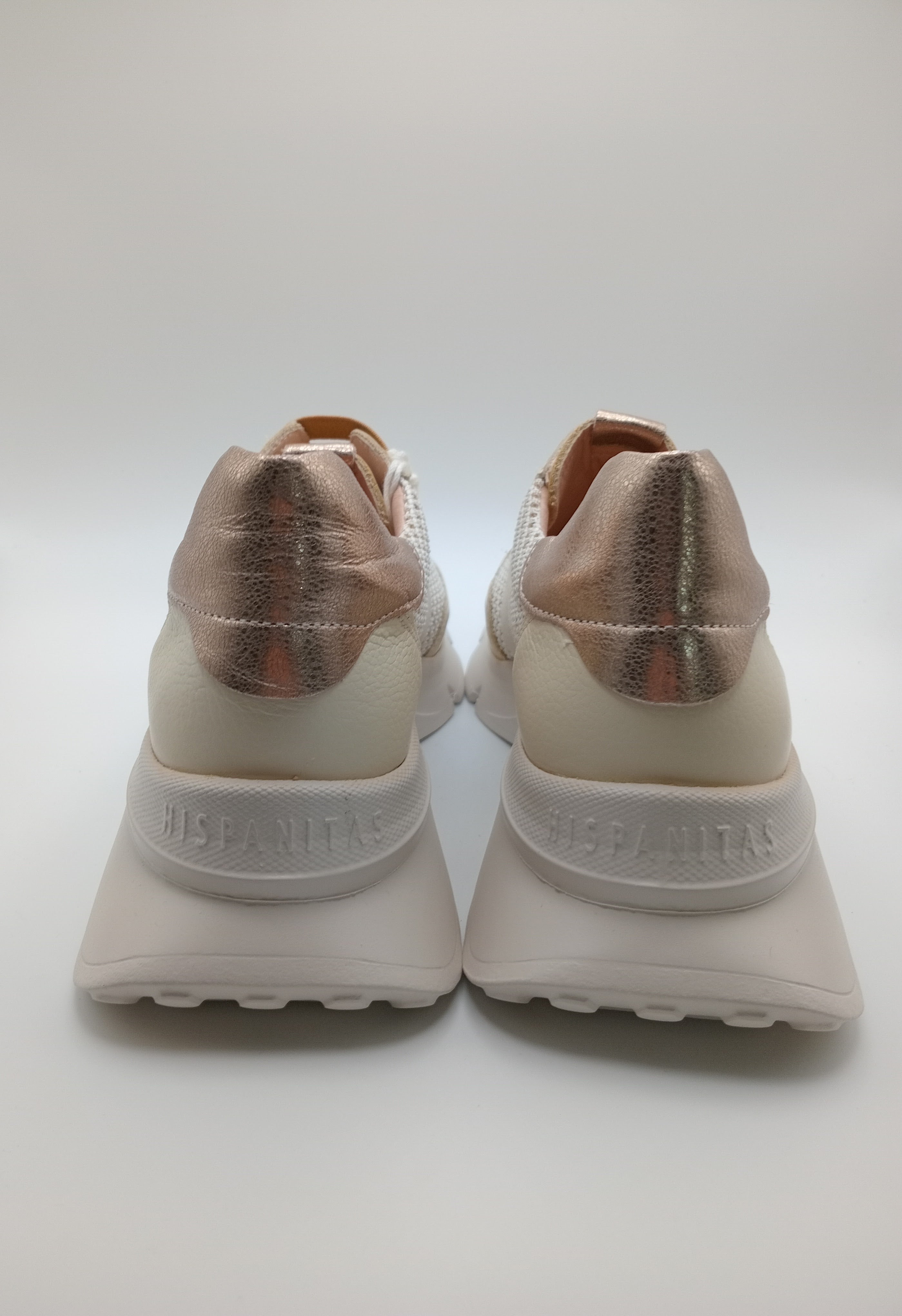 Sapatilhas Hispanitas Mulher Bege e Rose Gold; Ténis de Plataforma Casual em Pele com Malha Respirável; Calçado Confortável Sem Atacadores tiras Castanho Camel