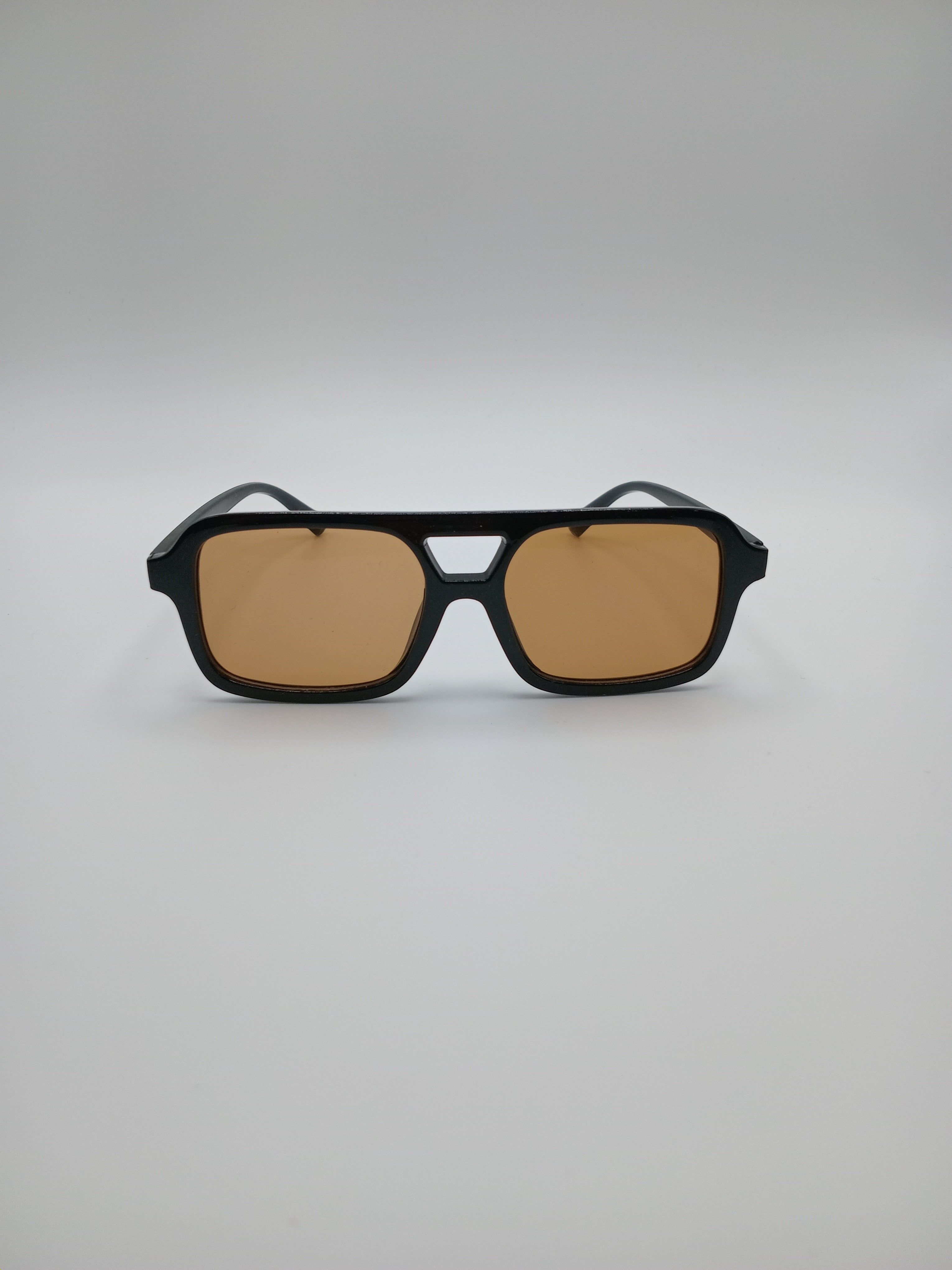 Óculos de Sol Unissexo Estilo Aviador Retangular Vintage, Armação Preta com Lentes Castanhas, Design Moderno e Elegante