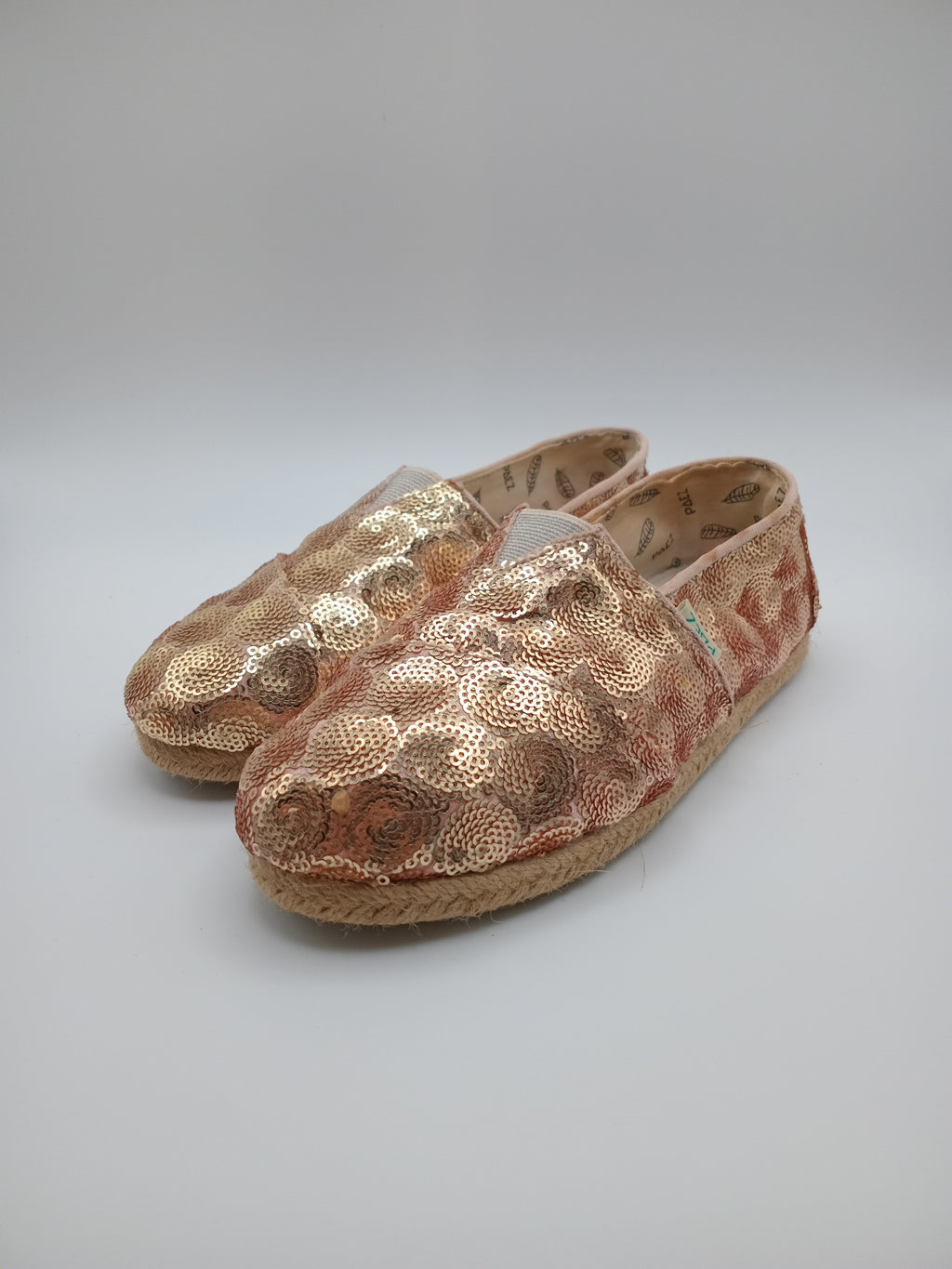 ALPARGATAS PAEZ NUDE BRONZE ROSE BRILHO TECIDO LANTEJOULAS BORDADO CIRCULAR