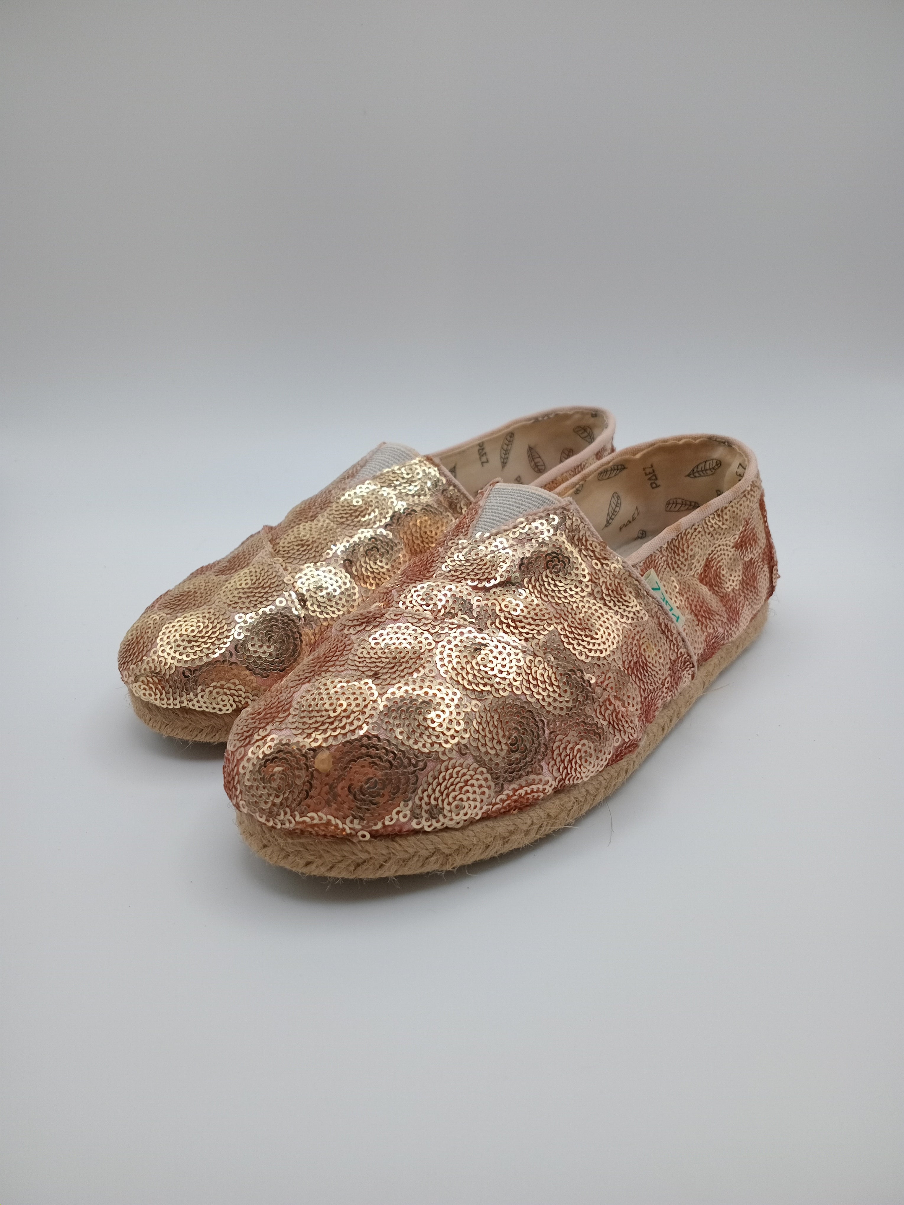 ALPARGATAS PAEZ NUDE BRONZE ROSE BRILHO TECIDO LANTEJOULAS BORDADO CIRCULAR
