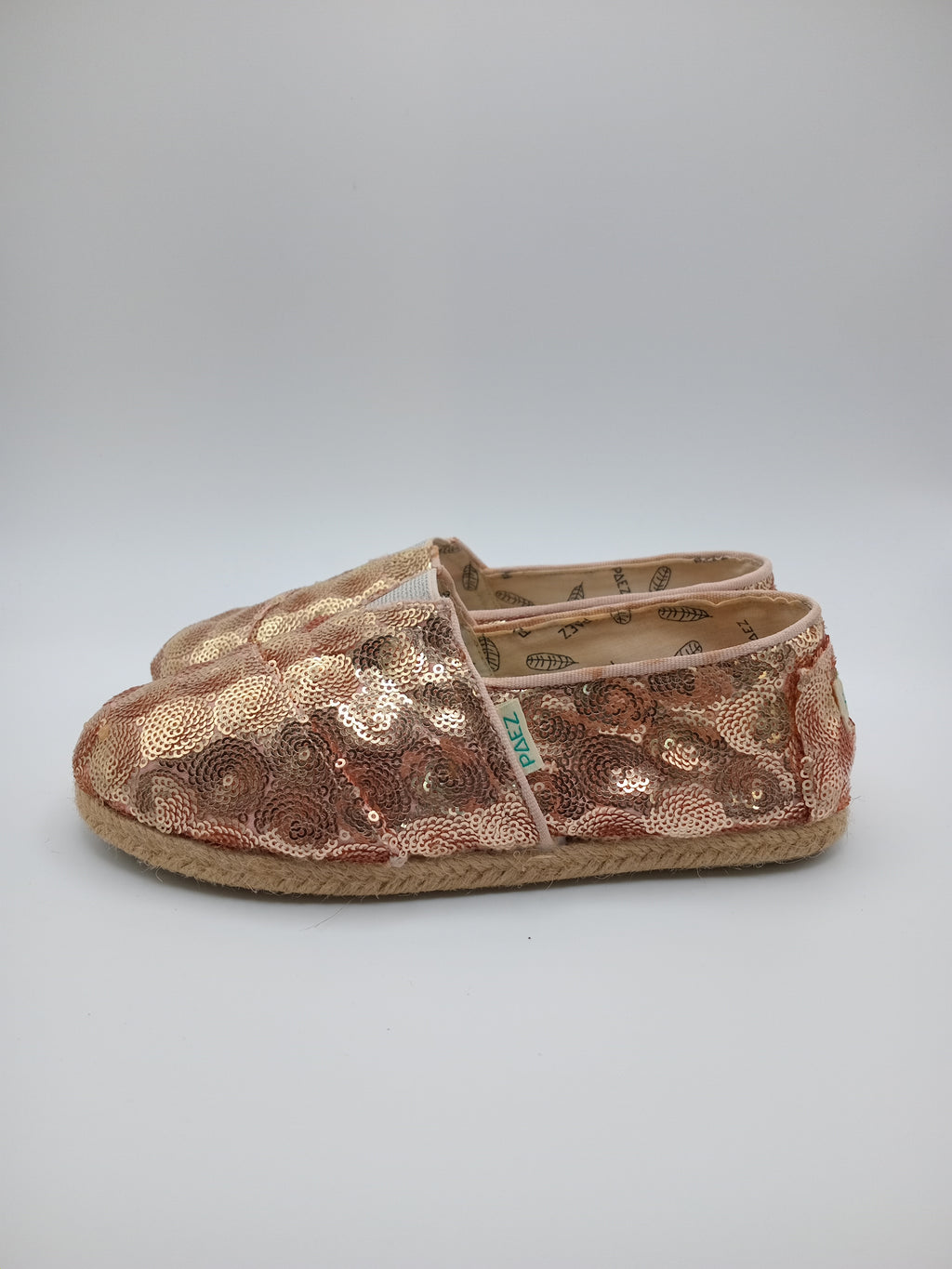ALPARGATAS PAEZ NUDE BRONZE ROSE BRILHO TECIDO LANTEJOULAS BORDADO CIRCULAR