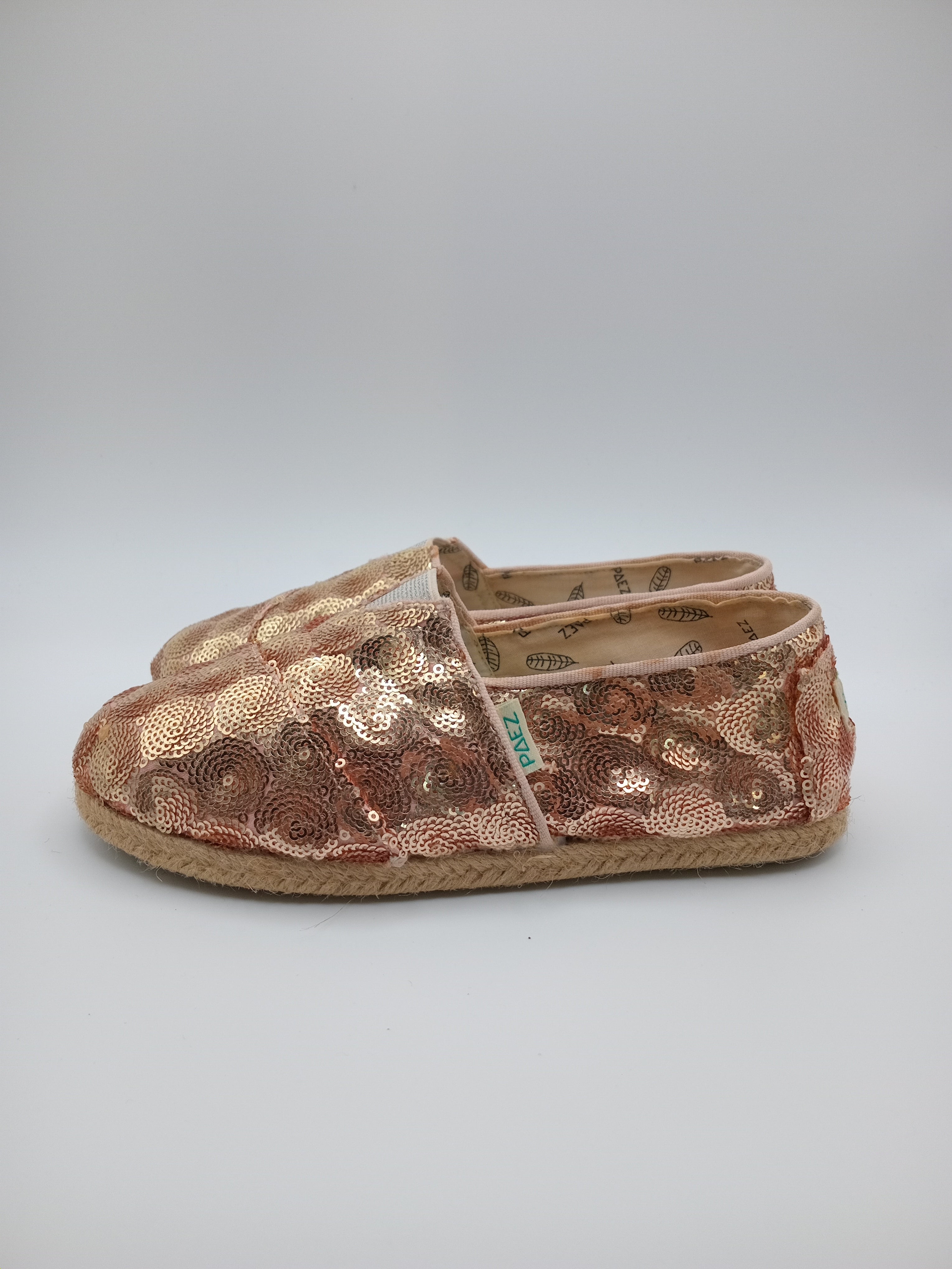 ALPARGATAS PAEZ NUDE BRONZE ROSE BRILHO TECIDO LANTEJOULAS BORDADO CIRCULAR