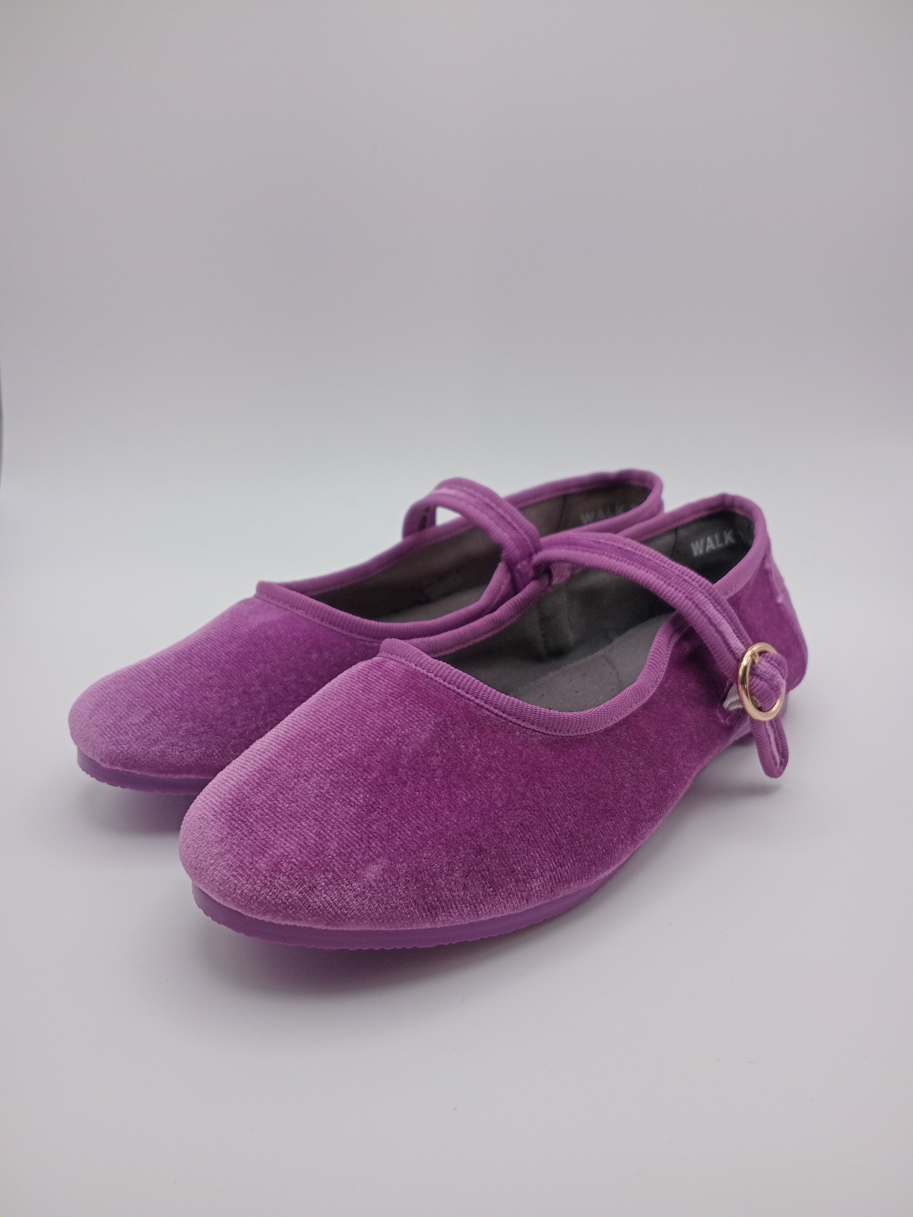 Sapatos Mary Jane Femininos Paez em Veludo Roxo; Sabrinas com Tira e Fivela Dourada Ajustável; Calçado Confortável e Elegante para Cerimónia ou Uso Diário; Sapatilhas Rasas Modernas em Tecido Macio