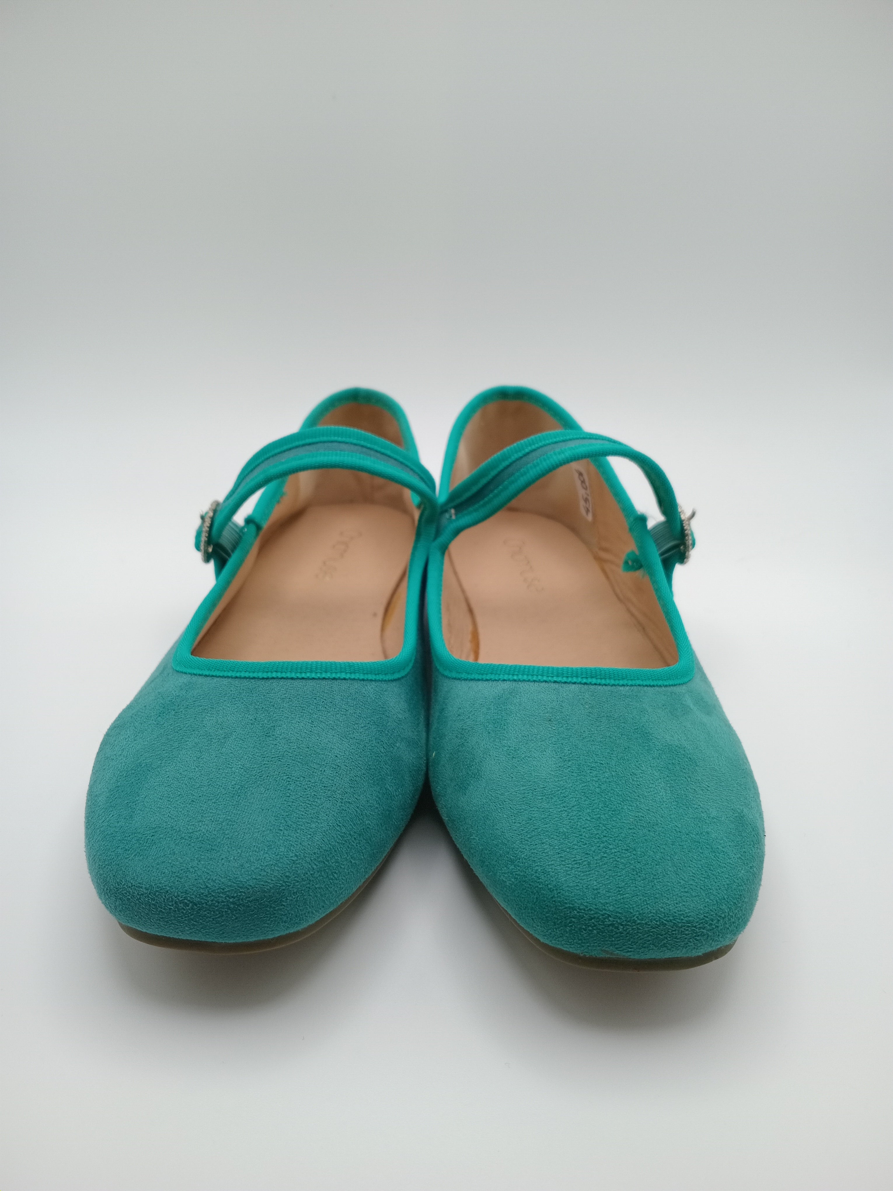 SABRINA MARY JANE CHICMUSE VERDE ÁGUA VELUDO FIVELA PEDRA BRILHO BICO QUADRADO