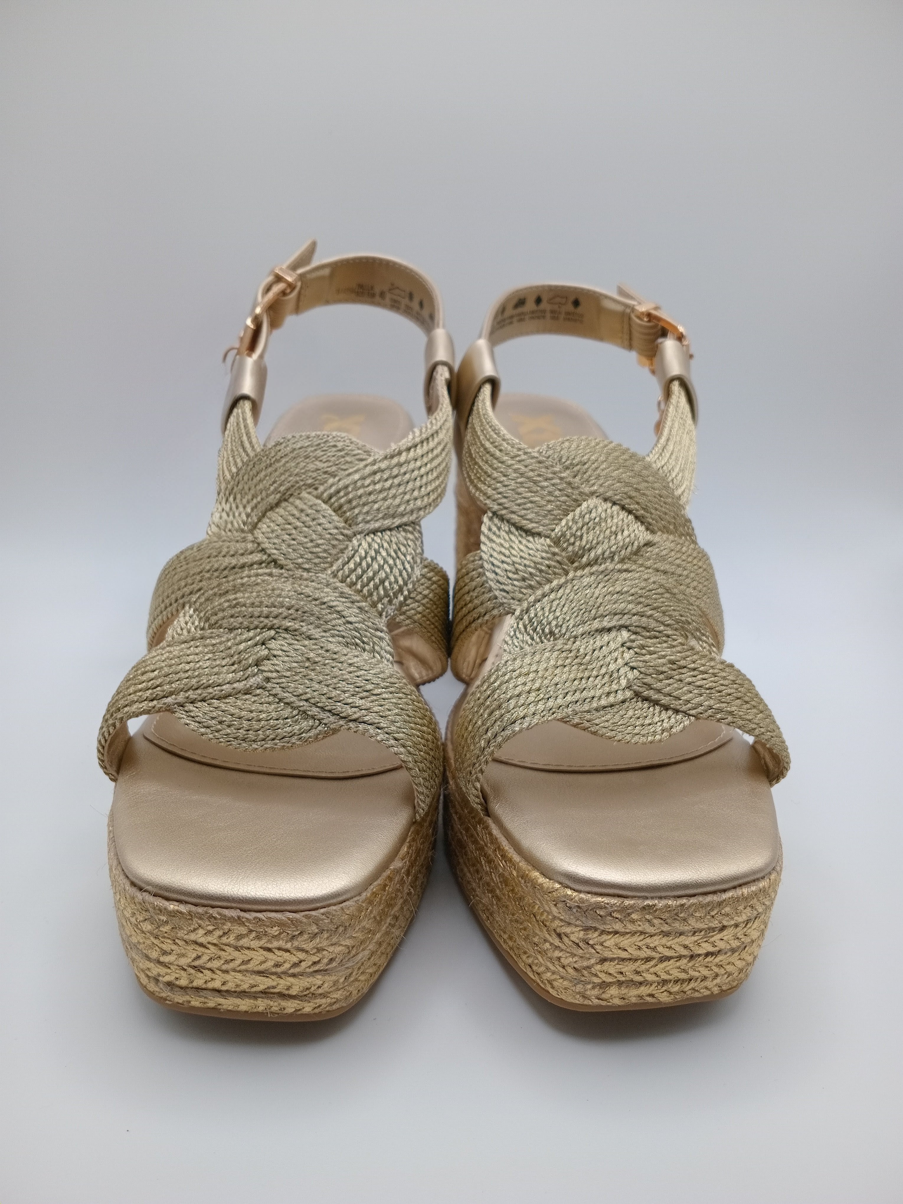 Sandália de Cunha Xti com Plataforma em Esparto; Calçado Feminino de Salto Alto com Tiras Entrançadas em Dourado; Sapatos de Verão Elegantes e Confortáveis para Mulher