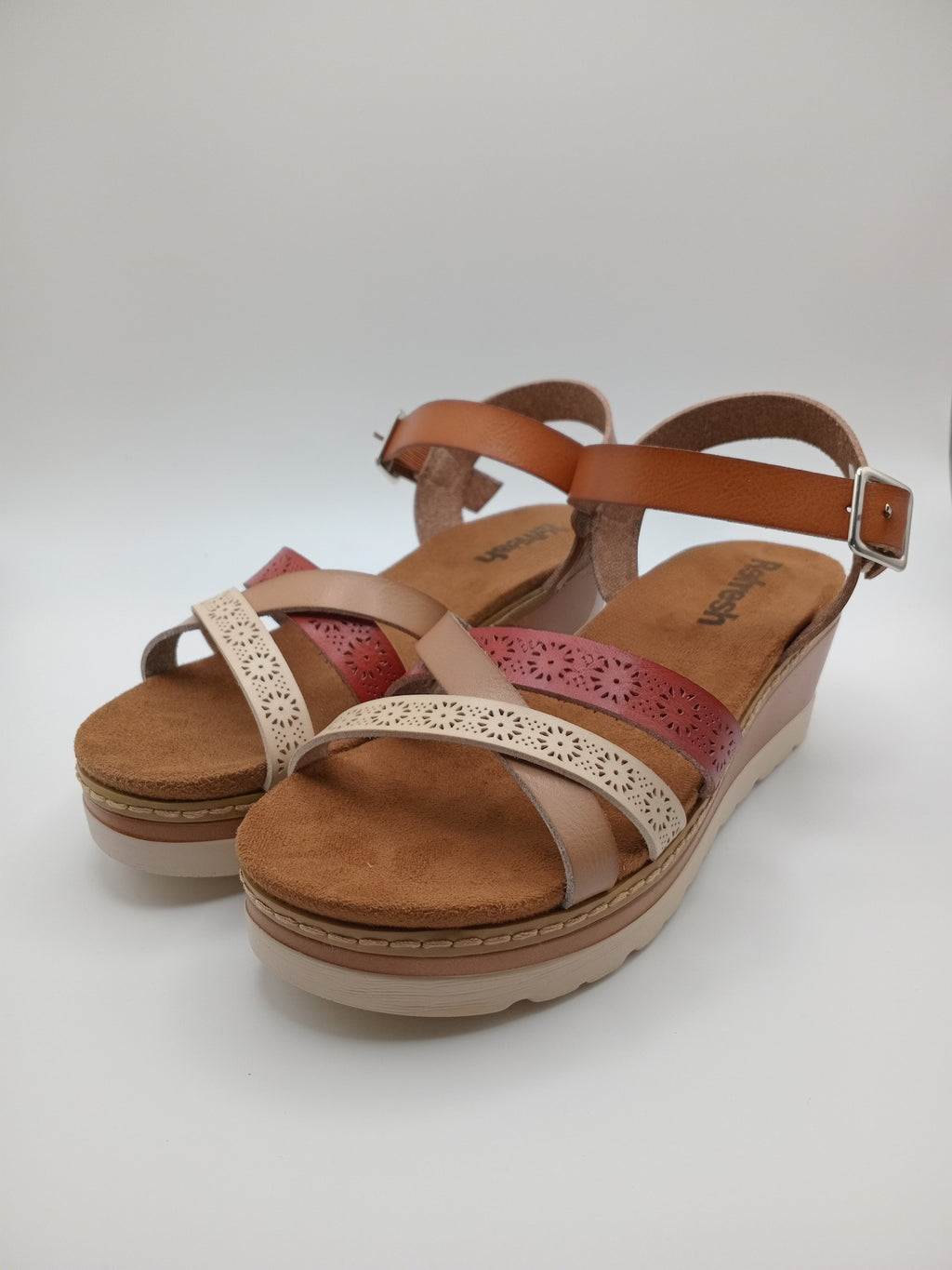 SALTO CUNHA REFRESH CASTANHO TIRAS VERMELHO BEGE