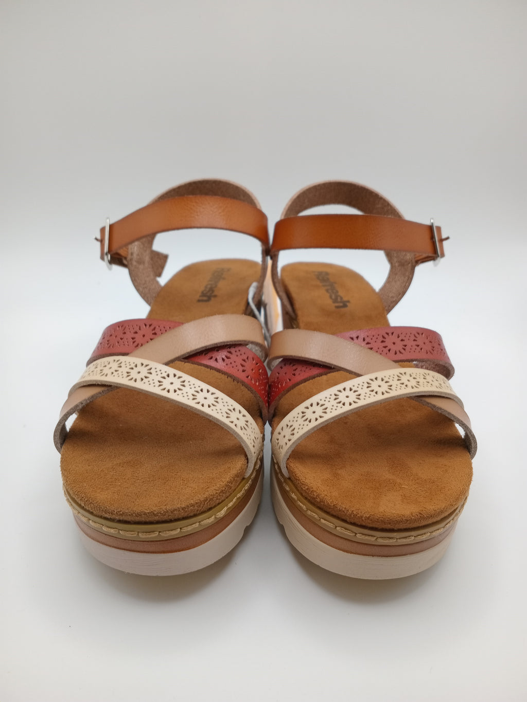 SALTO CUNHA REFRESH CASTANHO TIRAS VERMELHO BEGE