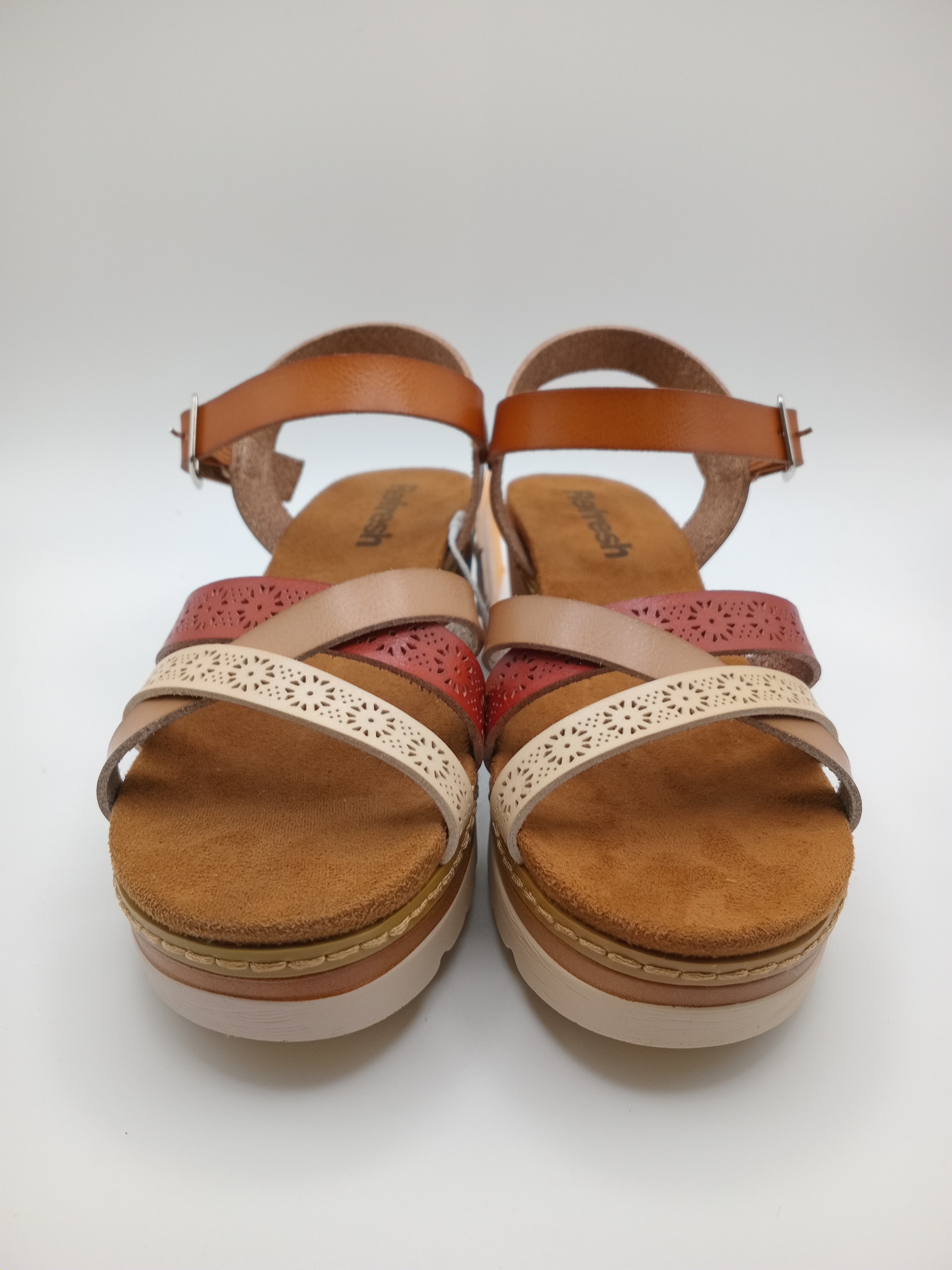 SALTO CUNHA REFRESH CASTANHO TIRAS VERMELHO BEGE