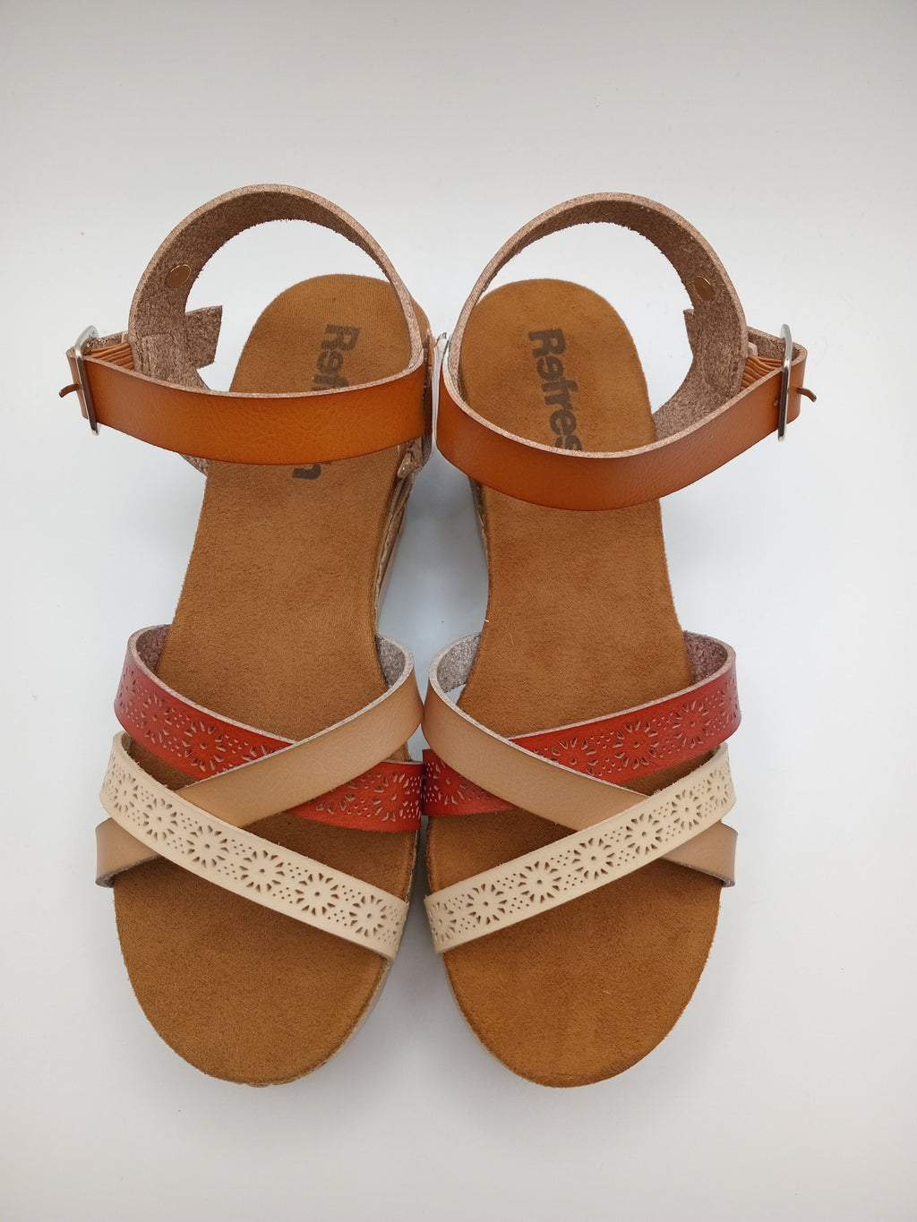 SALTO CUNHA REFRESH CASTANHO TIRAS VERMELHO BEGE