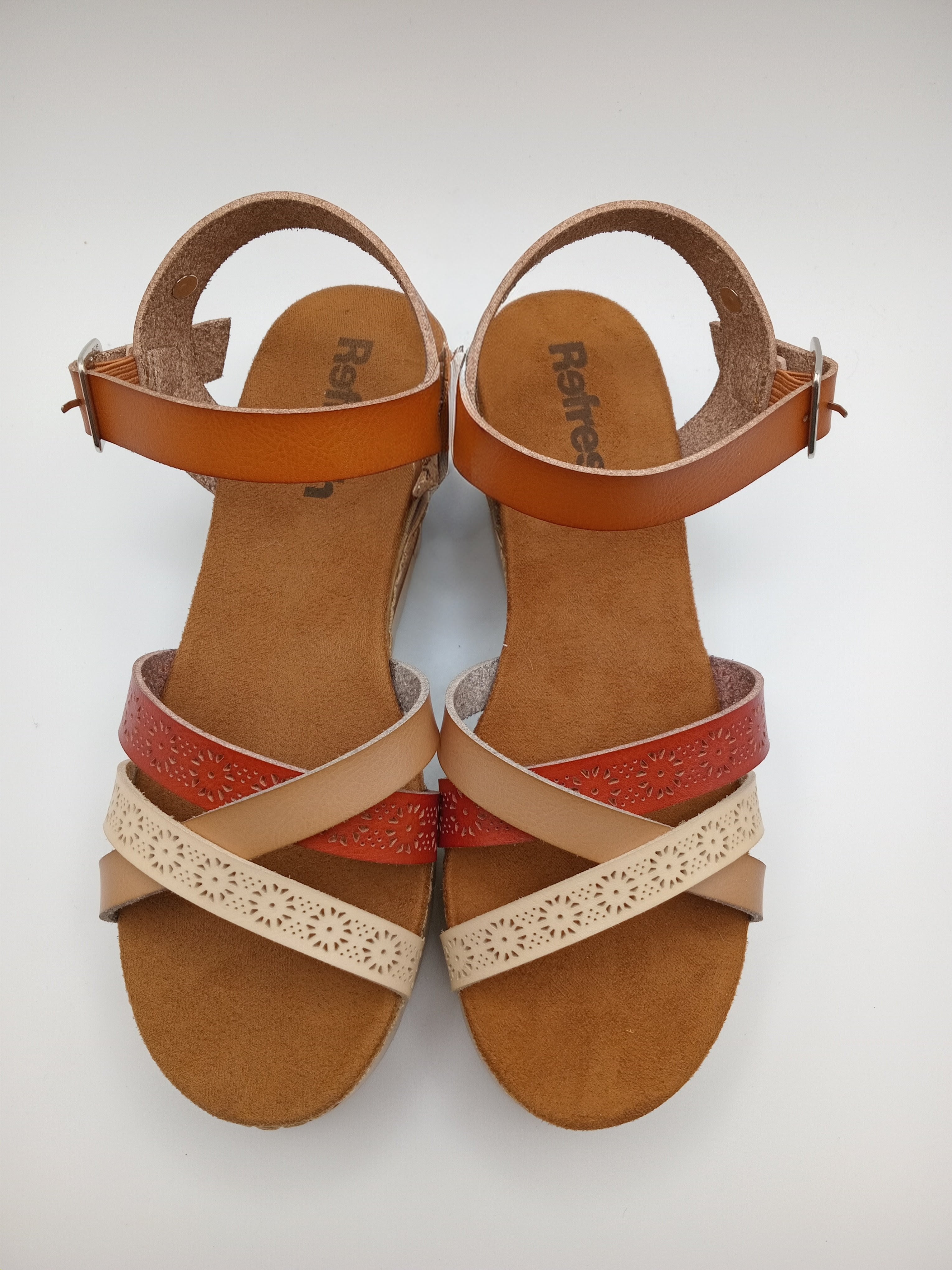 SALTO CUNHA REFRESH CASTANHO TIRAS VERMELHO BEGE