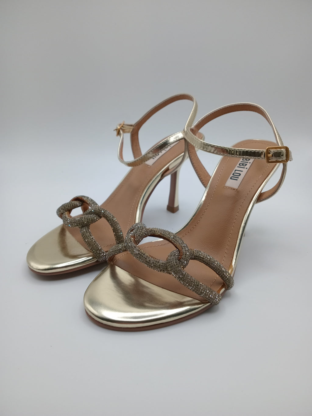 SALTO SANDÁLIA BIBI LOU DOURADO COURO PEDRA BRILHO CRAVEJADA AGULHA