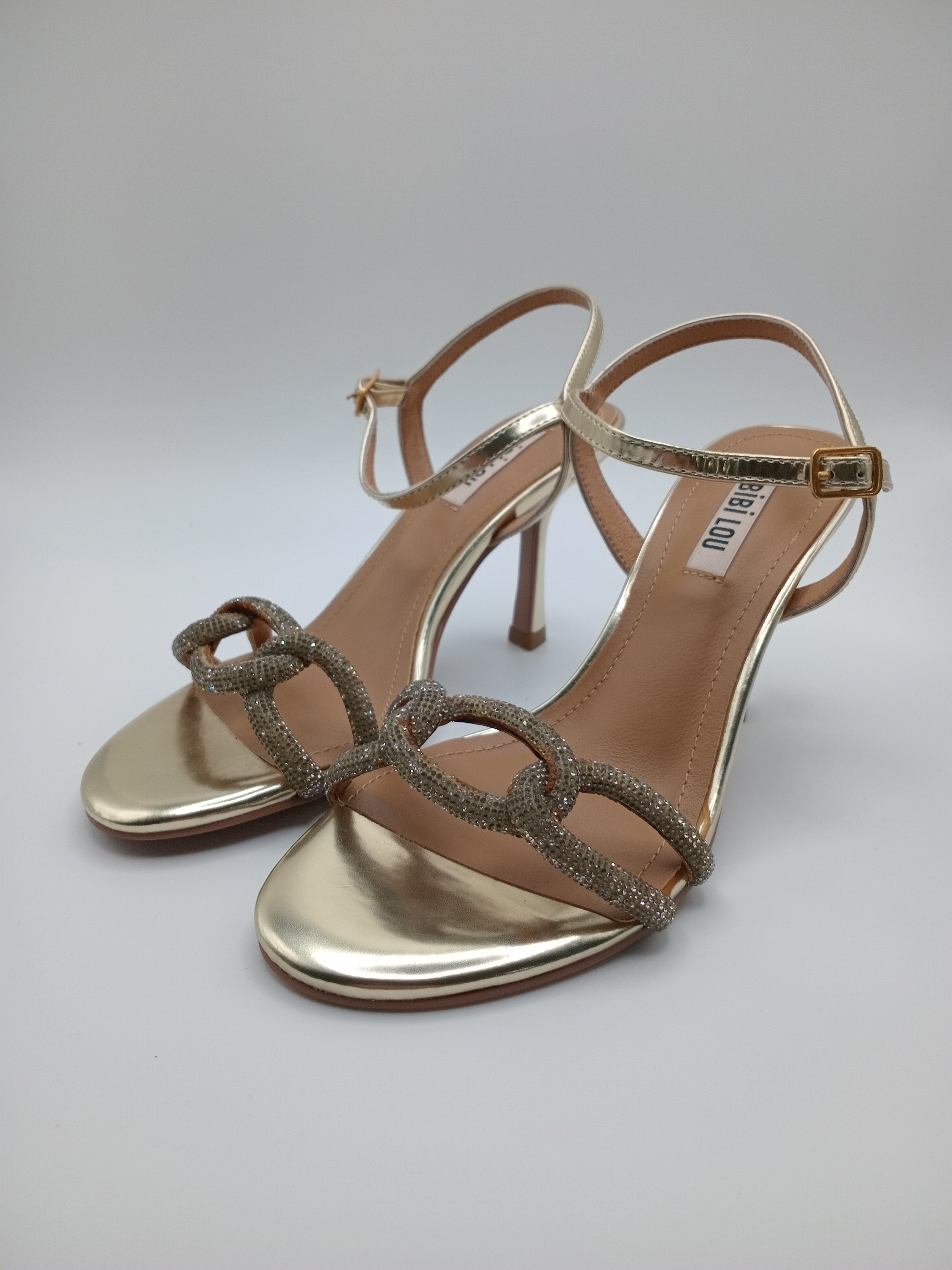 SALTO SANDÁLIA BIBI LOU DOURADO COURO PEDRA BRILHO CRAVEJADA AGULHA