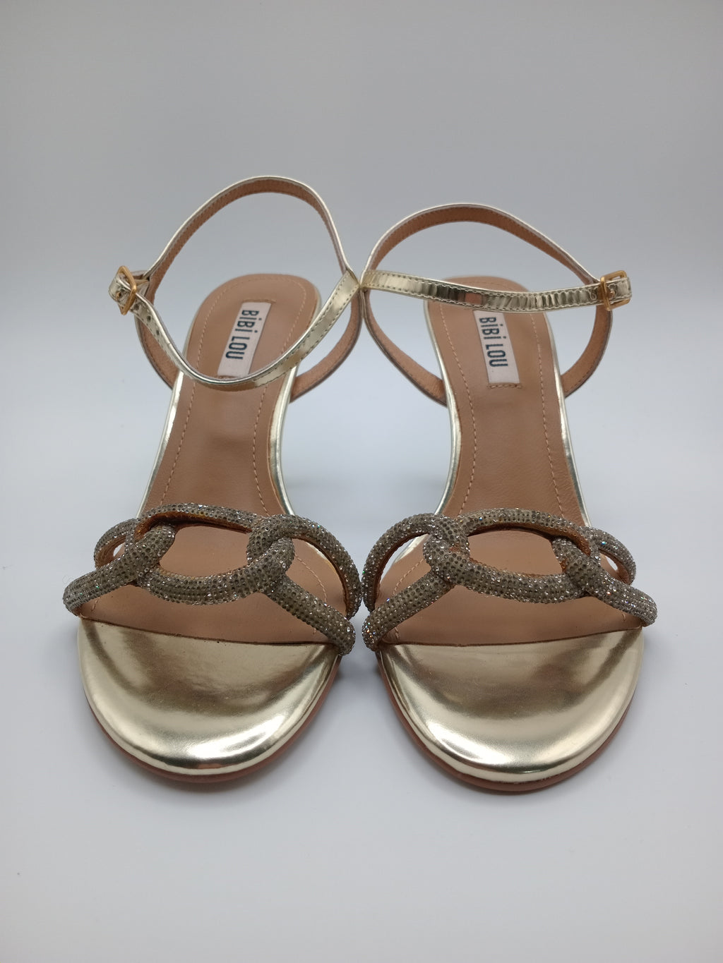 SALTO SANDÁLIA BIBI LOU DOURADO COURO PEDRA BRILHO CRAVEJADA AGULHA