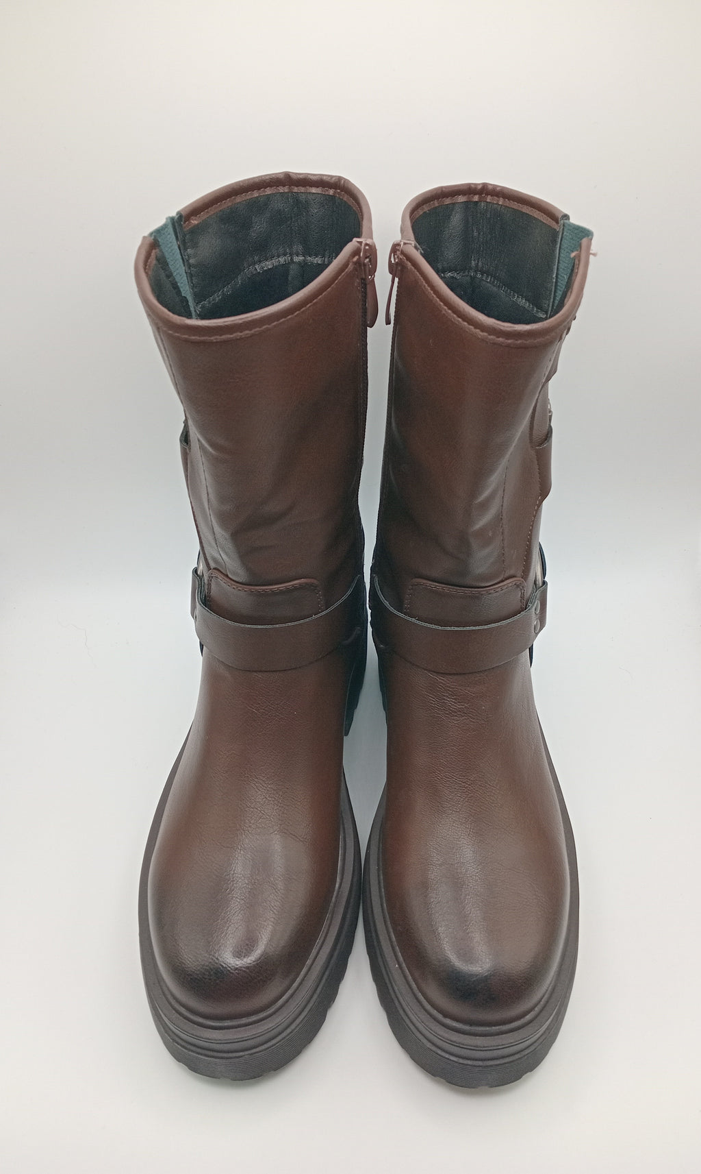 BOTA COTURNO BESTELLE CASTANHO ESCURO ECO PELE FECHO REGULÁVEL ZIPER