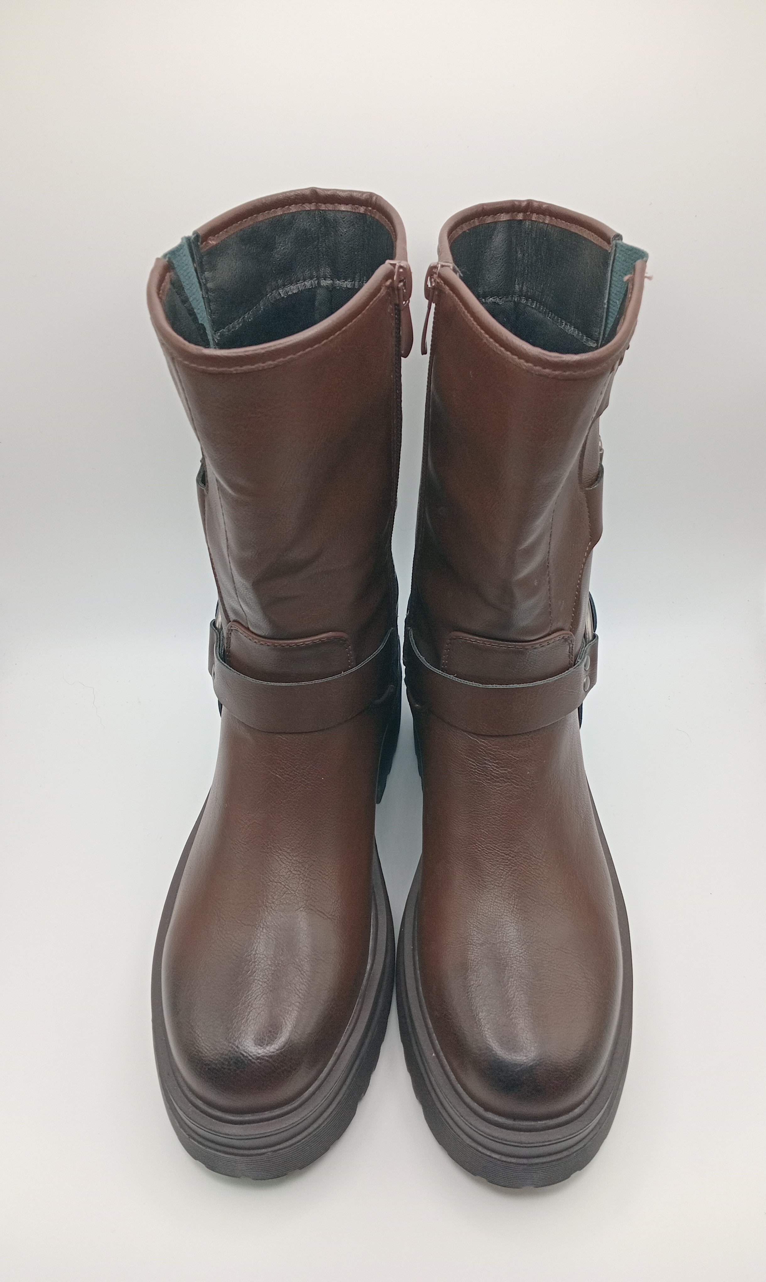 BOTA COTURNO BESTELLE CASTANHO ESCURO ECO PELE FECHO REGULÁVEL ZIPER