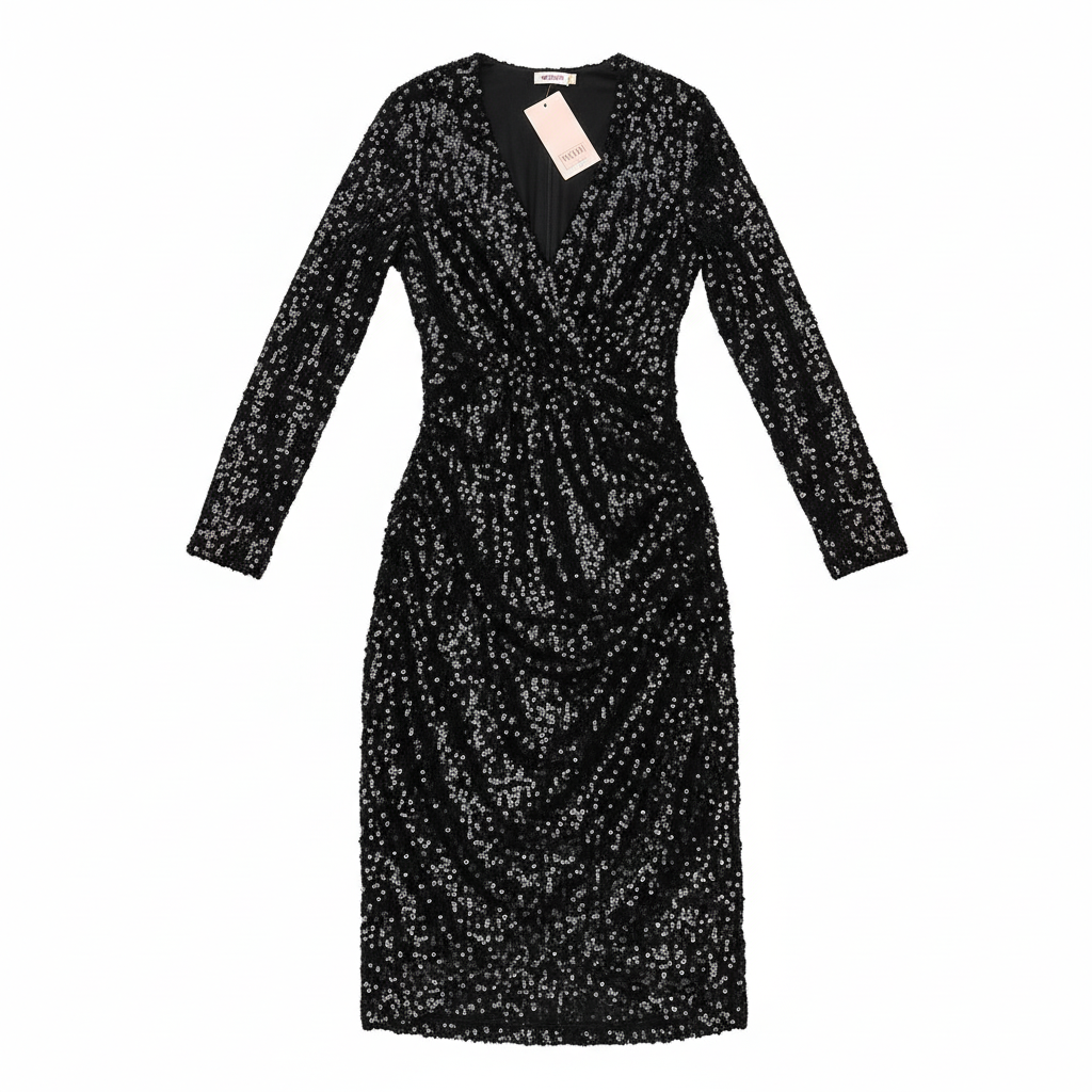 VESTIDO MOBI FASHION PRETO FESTA MANGA CUMPRIDA BRILHO LANTEJOULAS DAPREADO LATERAL
