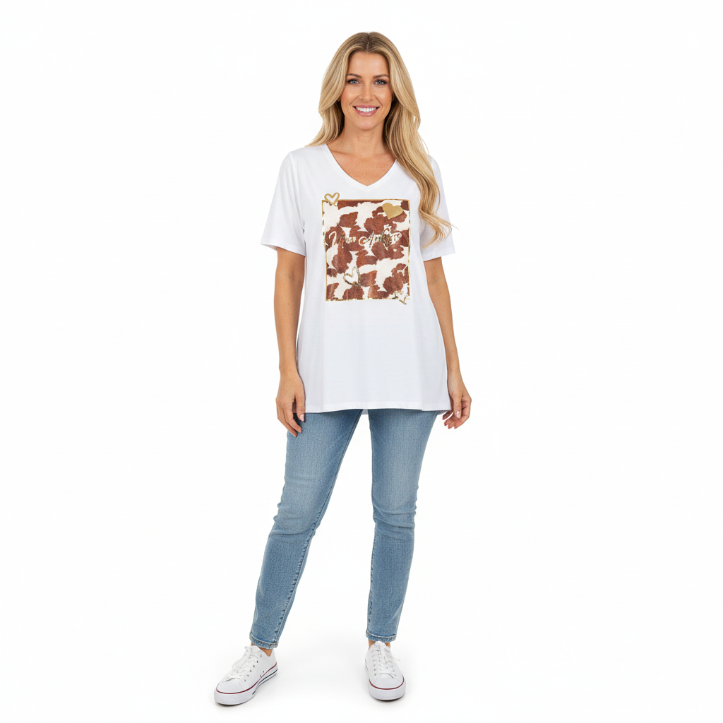 CAMISOLA MINA ROSA BRANCO MANGA CURTA ESTAMPA VACA MON AMOUR DOURADO CORAÇÃO BRILHO