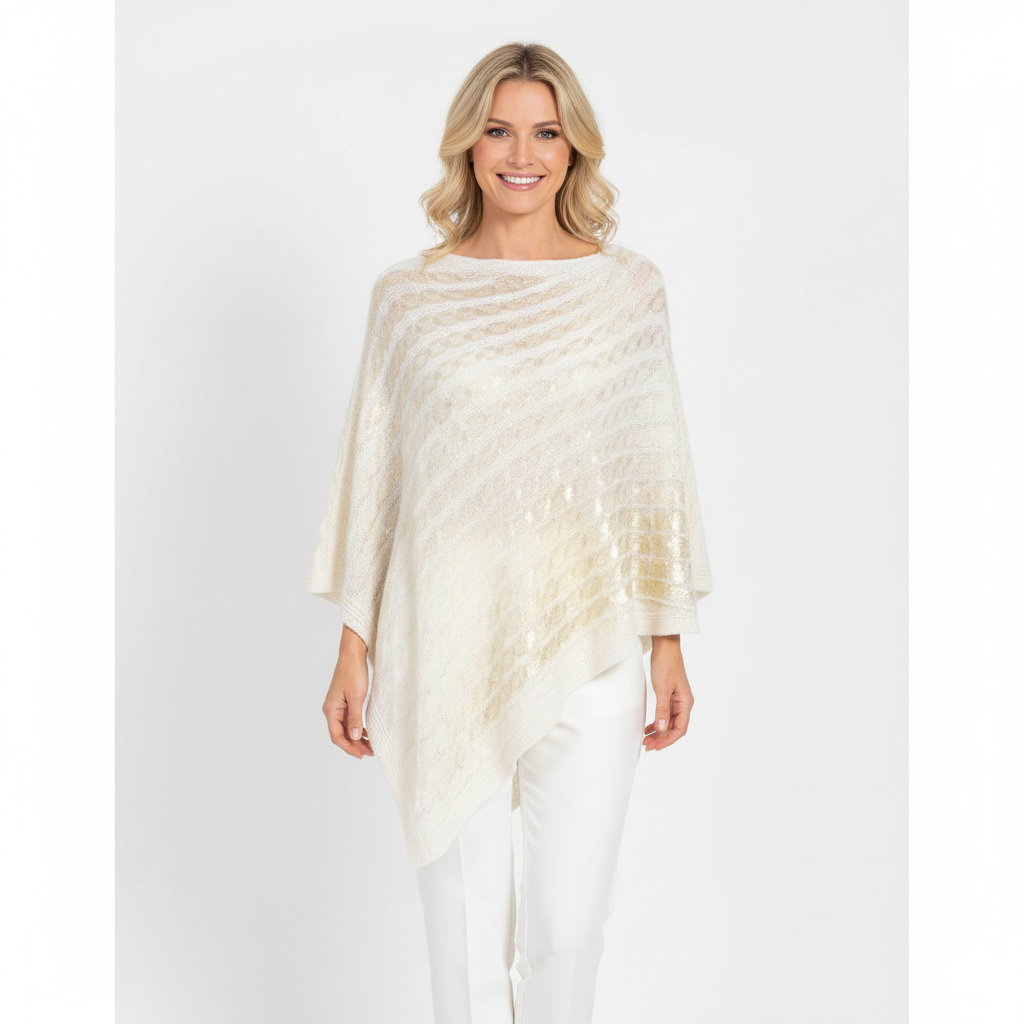PONCHO CROCHE CHARISMA DOURADO CREME BICO LATERAL