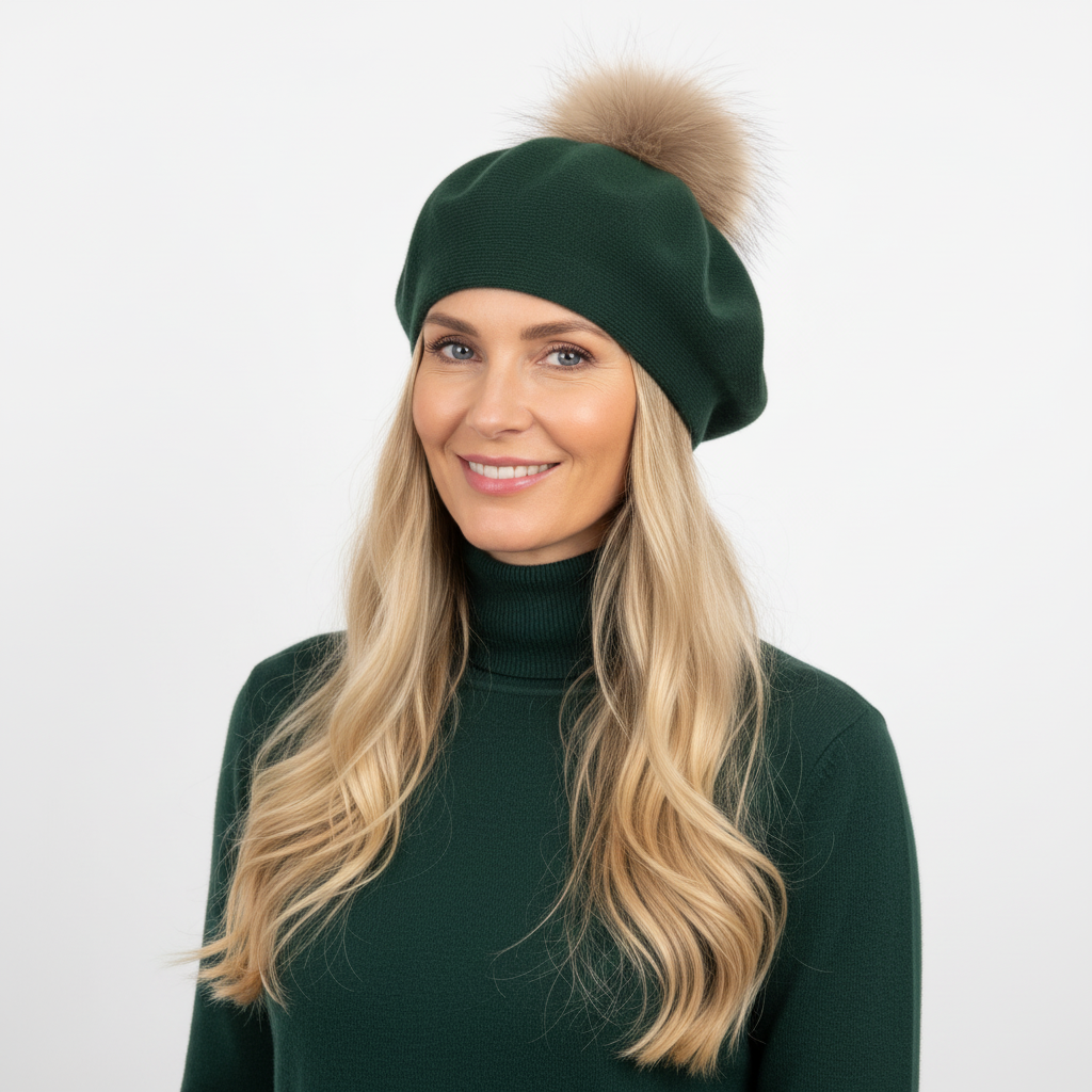 BOINA VERDE POMPOM PELO CASTANHO