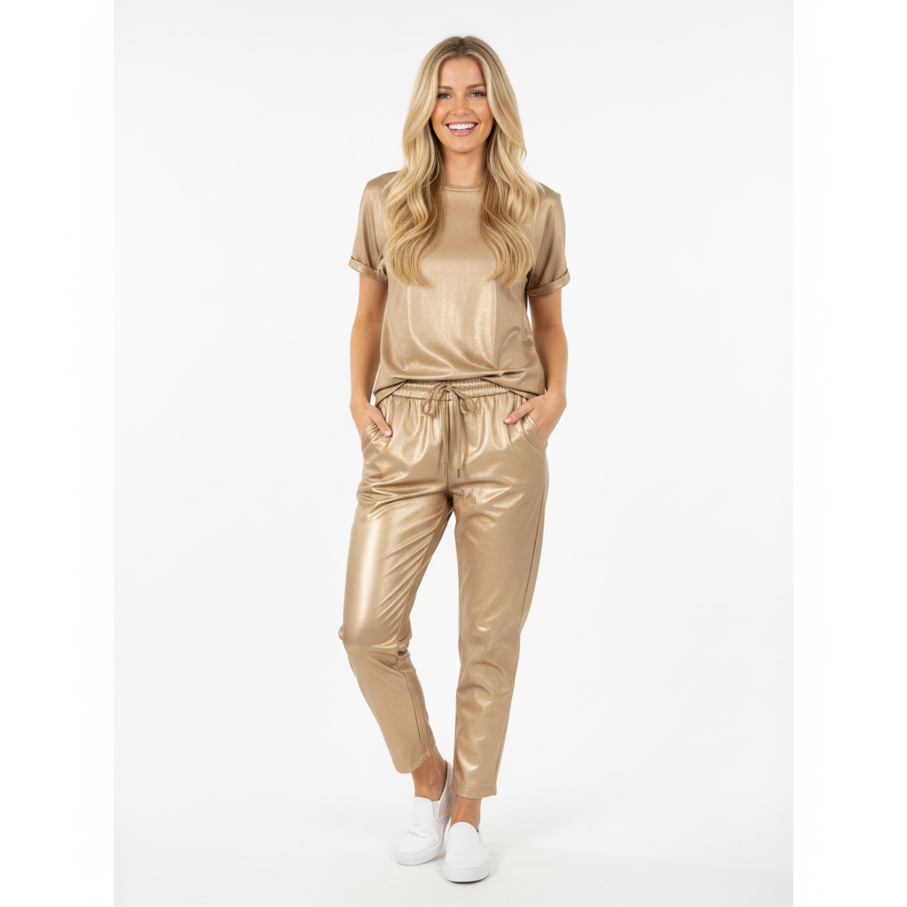 CALÇA SKINNY DOURADO ECO PELE ELASTICO FESTA BOLSO FRONTAL