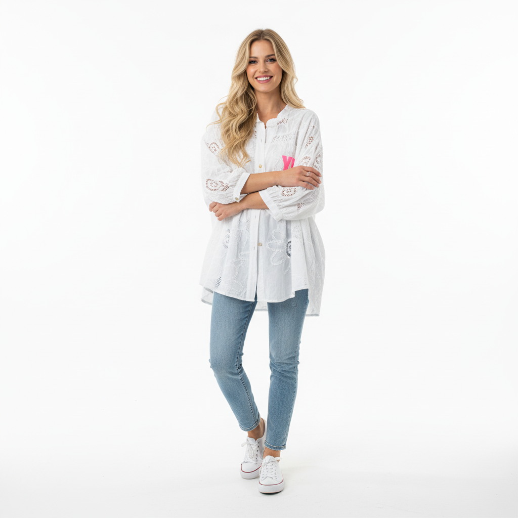 CAMISOLA APRIL VINTAGE BRANCO RENDA MANGA 3/4 ESTAMPA ROSA NEON BRILHO YES YOU CAN BOTÕES