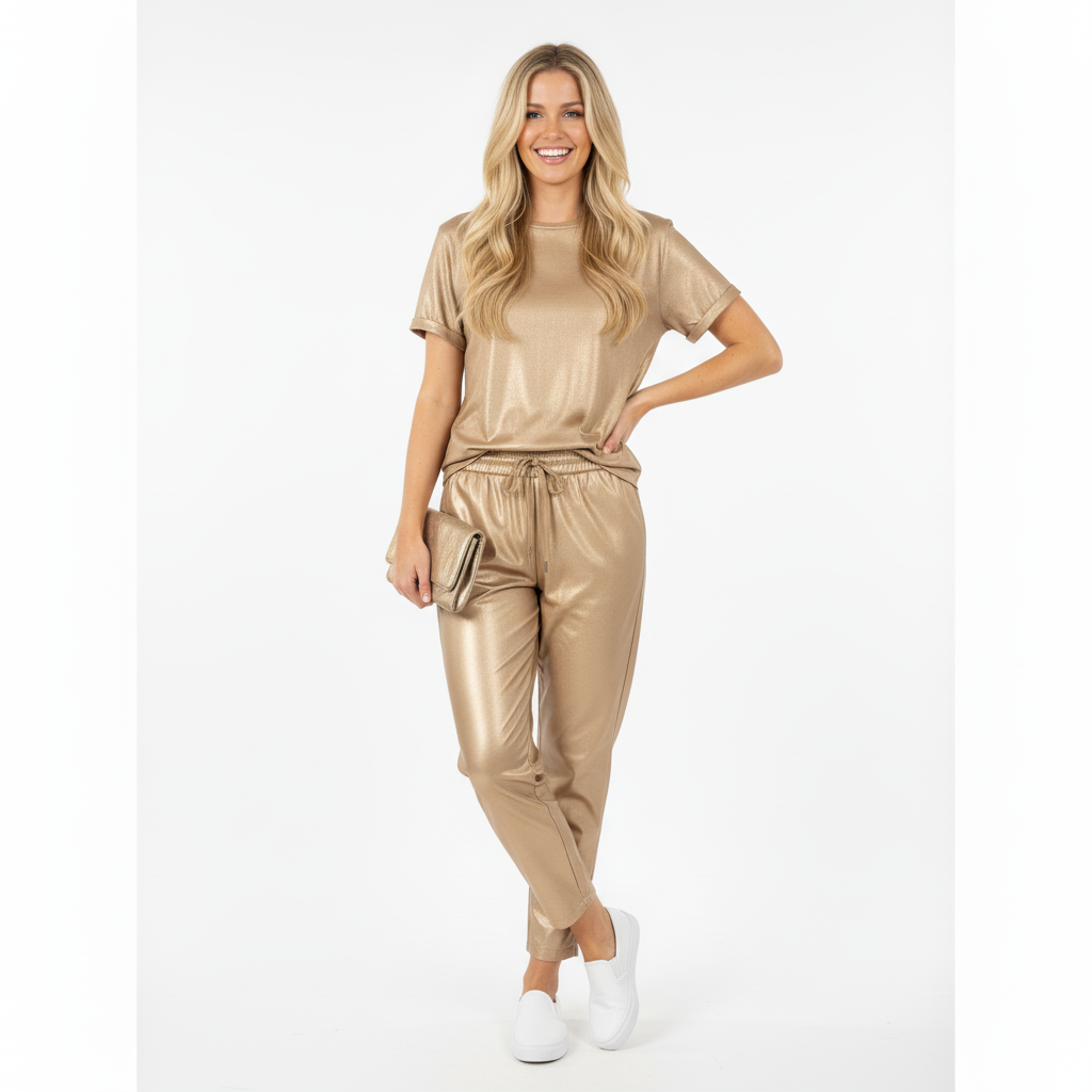 CALÇA SKINNY DOURADO ECO PELE ELASTICO FESTA BOLSO FRONTAL