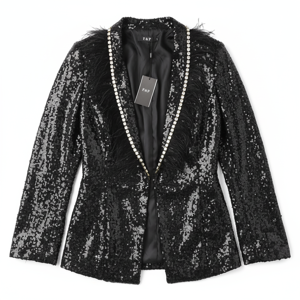 BLAZER F&P PRETO FESTA LANTEJOULA PEDRAS BRILHO PLUMASS TERNO ACINTURADO