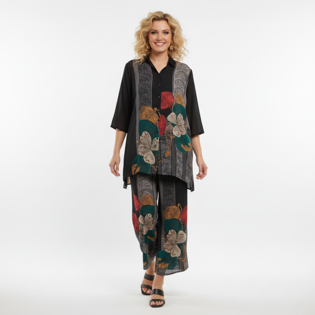 CONJUNTO CAMISA CUMPRIDA BOTOES PADRÃO TROPICAL FLORES TRANSPARENTE E CALÇA ELASTICO PADRÃO TROPICAL