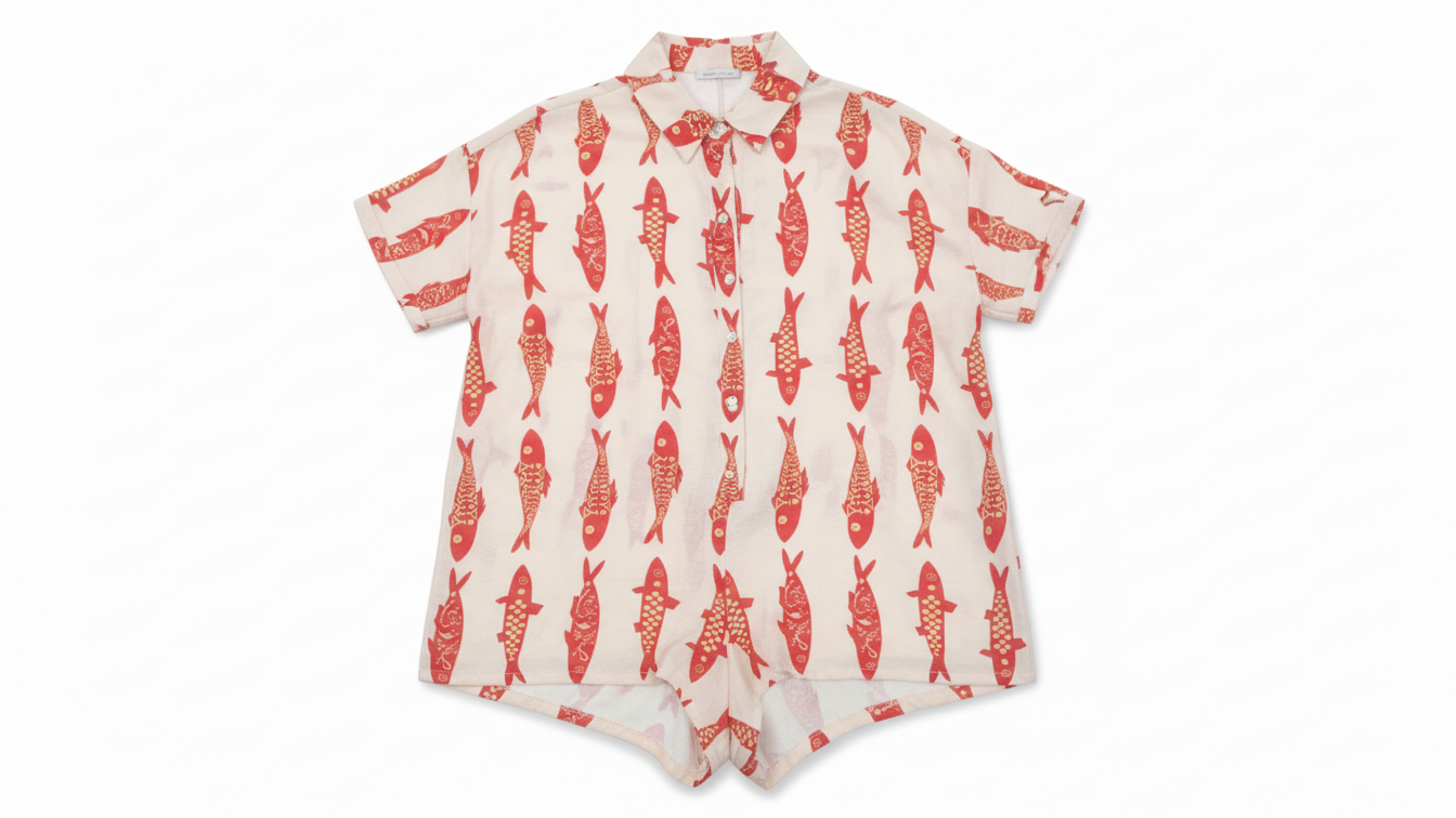 MACACÃO AMORADO CREME SHORTS ESTAMPA PEIXE BOTÕES FRONTAL BOLSOS LATERAL