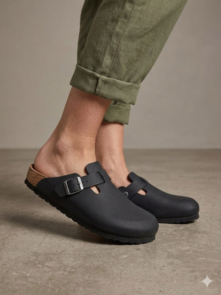 Sapatos Birkenstock Vegan Boston Black casuais de camurça com fivela ajustável, socos confortáveis com sola de cortiça ergonómica, calçado unissexo estilo clássico para uso diário