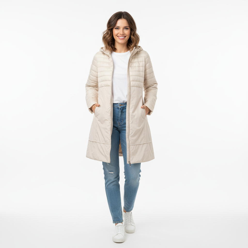 CASACO FLY LUXURY CREME ZIPER TIRAS ACOLCHOADO IMPERMEAVEL LONGO BOLSOS TOUCA