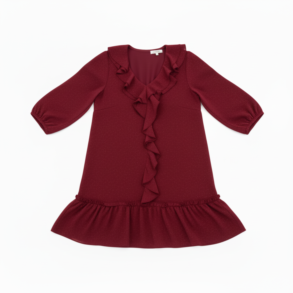 VESTIDO VERMELHO FESTA MANGA CUMPRIDA BRILHO BABADO FRONTAL DECOTE BARRA