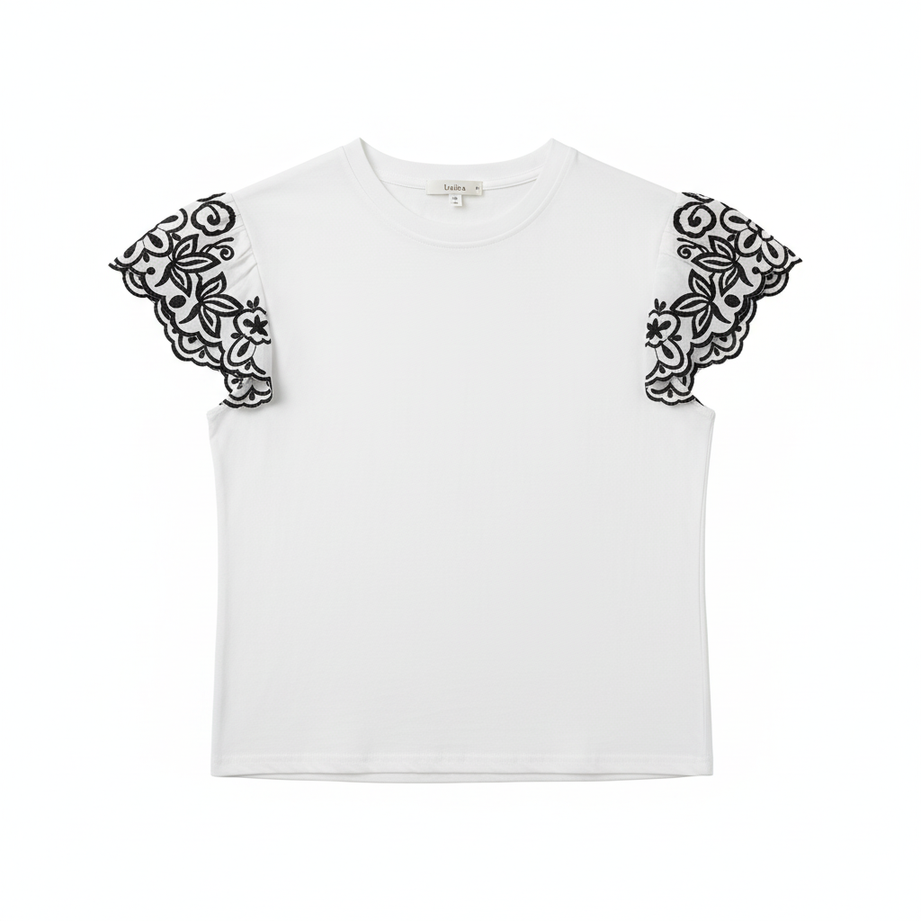 CAMISOLA UNIKA BRANCO MANGA CURTA RENDA PRETA DECOTE CANOA